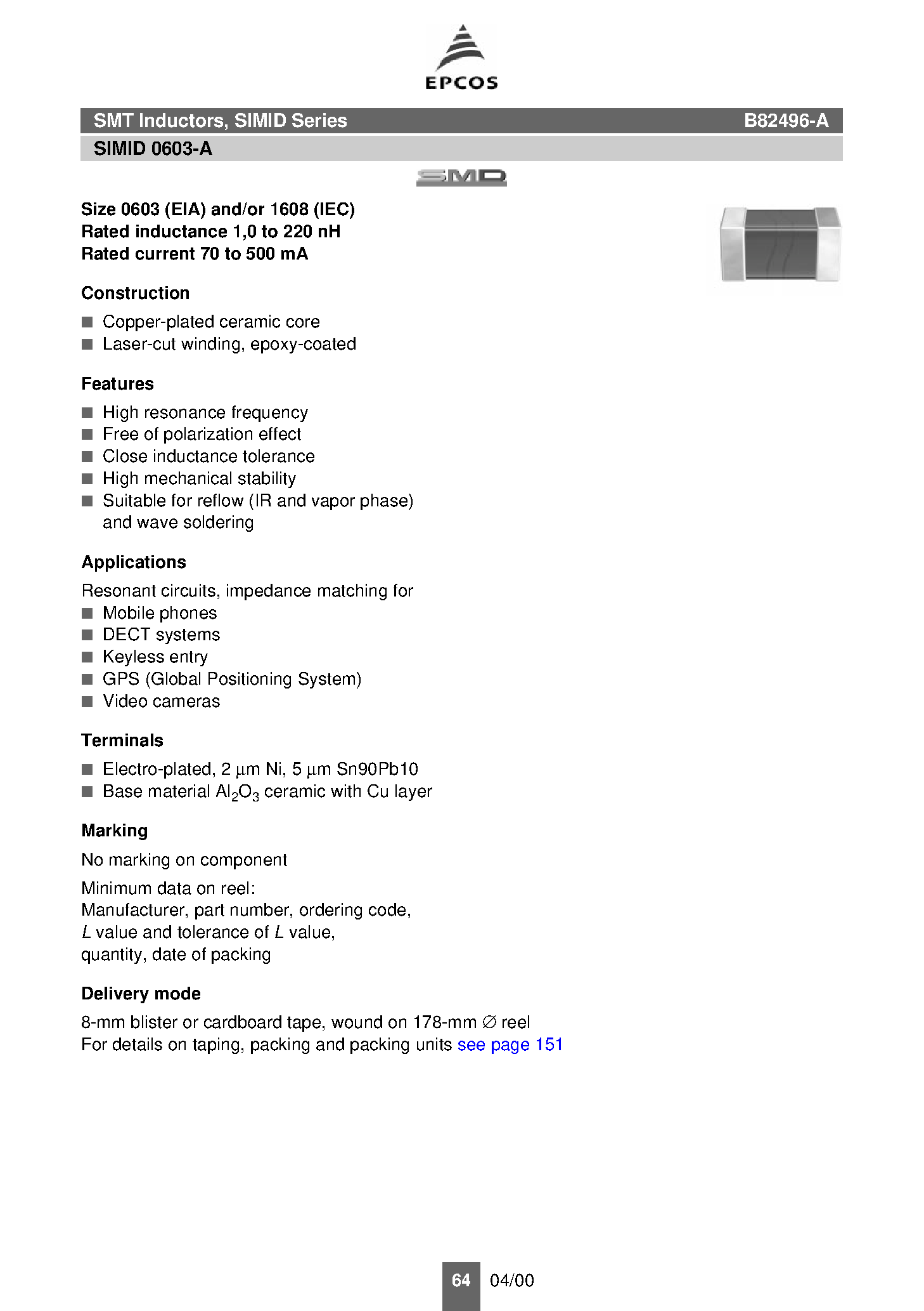 Datasheet B82496-A page 1 Datasheet B82496-A - SMT Inductors page 1