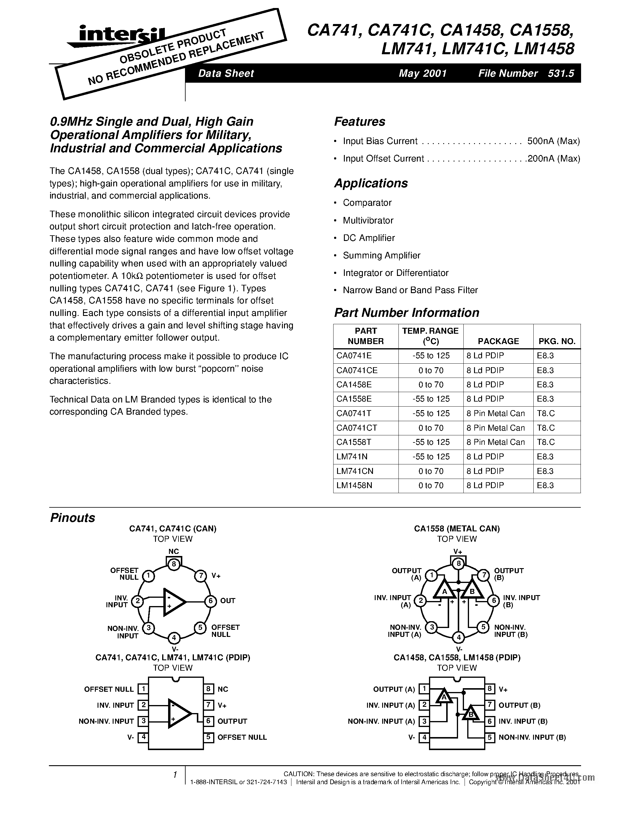 Datasheet CA1458 - (CA1458 / CA1558) High Gain Operational Amplifiers page 1