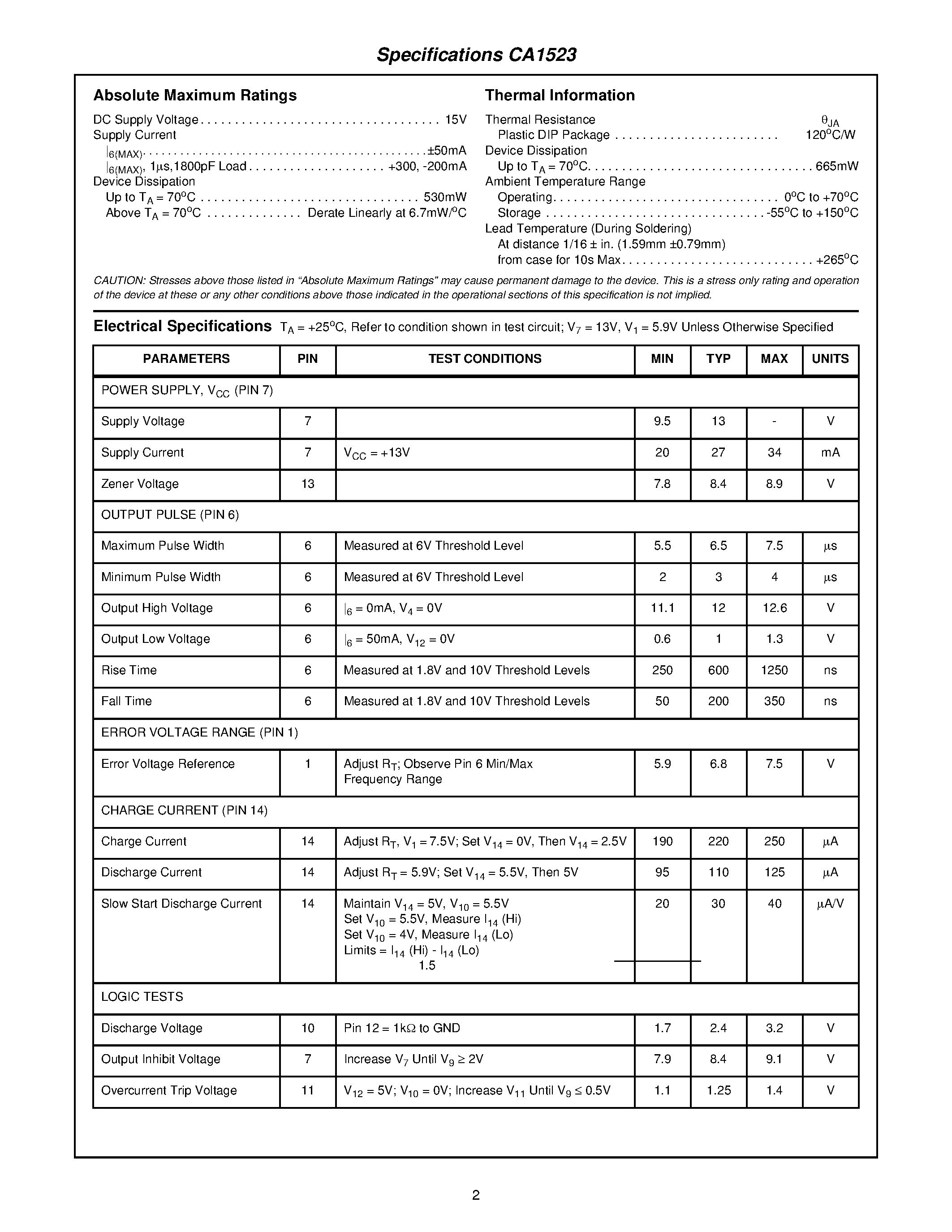 Datasheet CA1523 - Voltage Regulator Control Circuit page 2