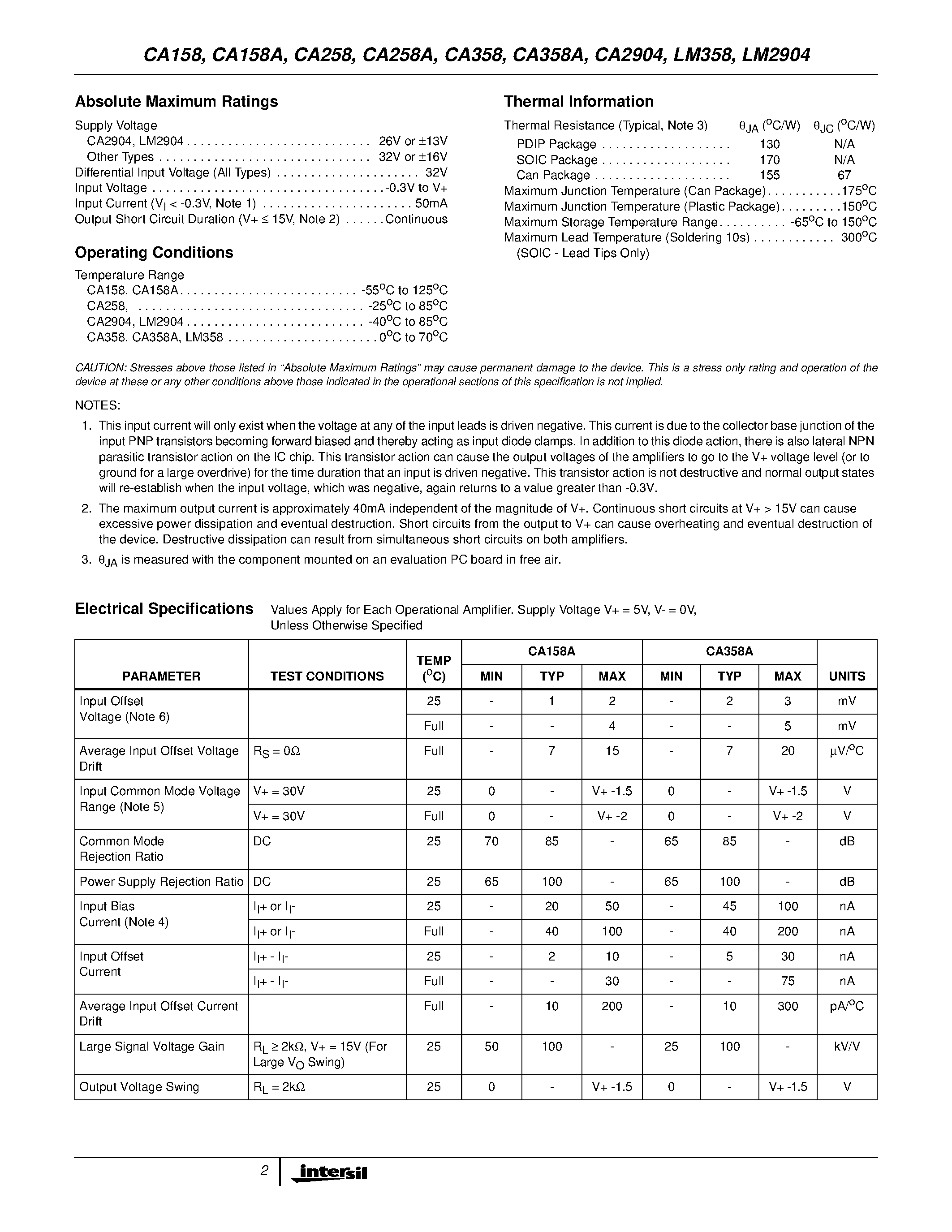 Datasheet LM358 page 2 Datasheet LM358 - Operational Amplifiers page 2