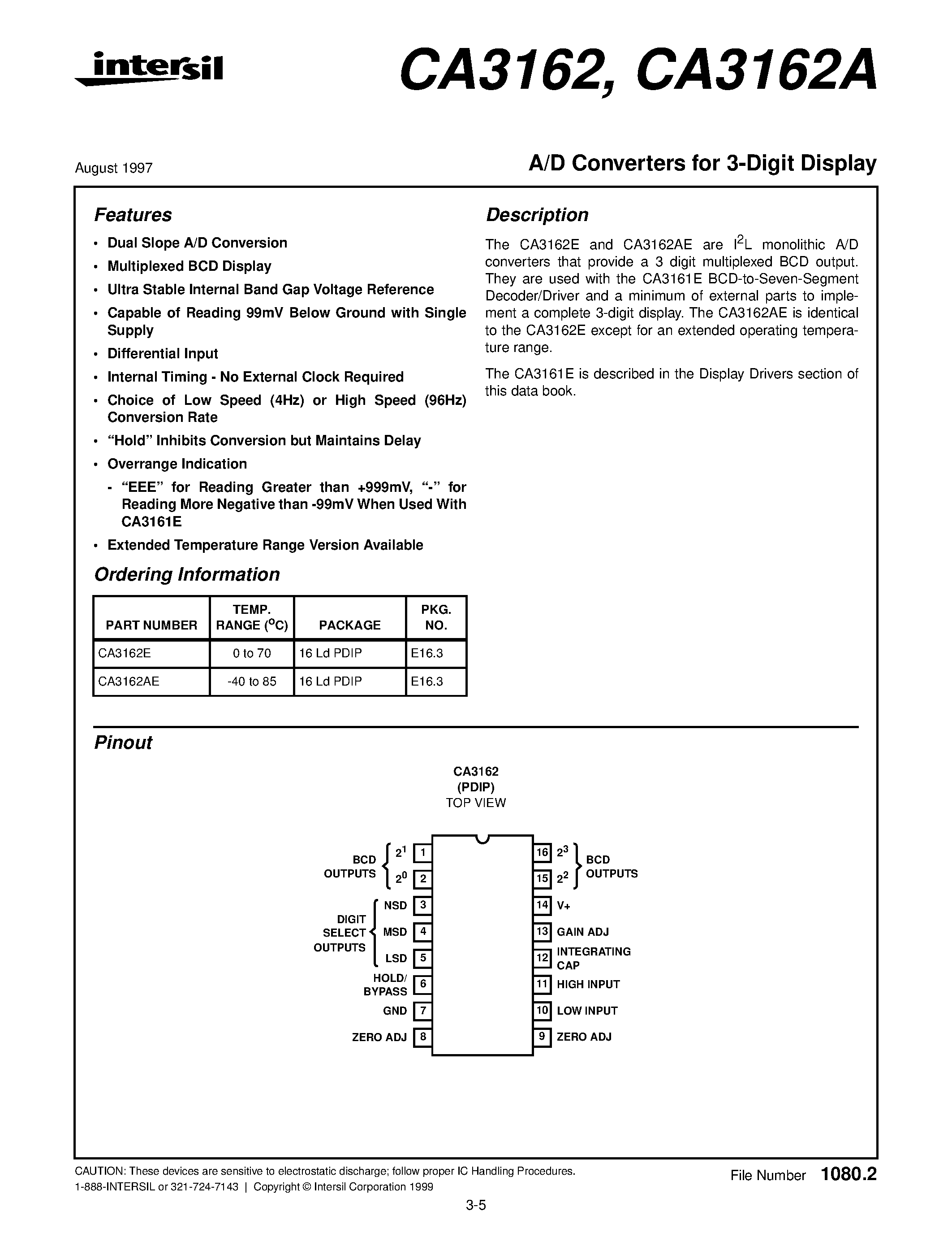 Даташит на микросхему CA3162 страница 1 Даташит CA3162 - A/D Converters for 3-Digit Display страница 1