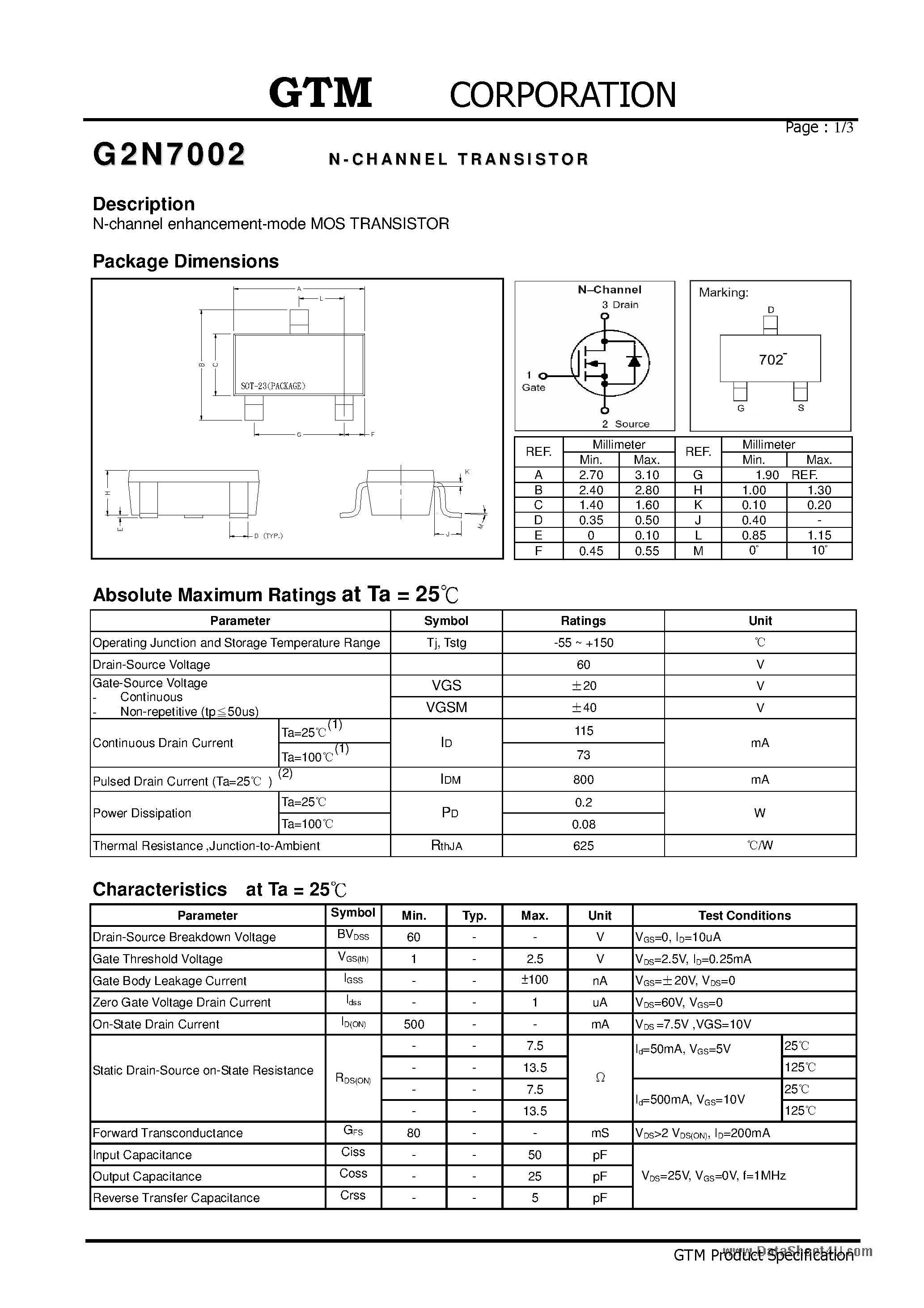 Datasheet G2N7002 page 1 Datasheet G2N7002 - N-CHANNELTRANSISTOR page 1