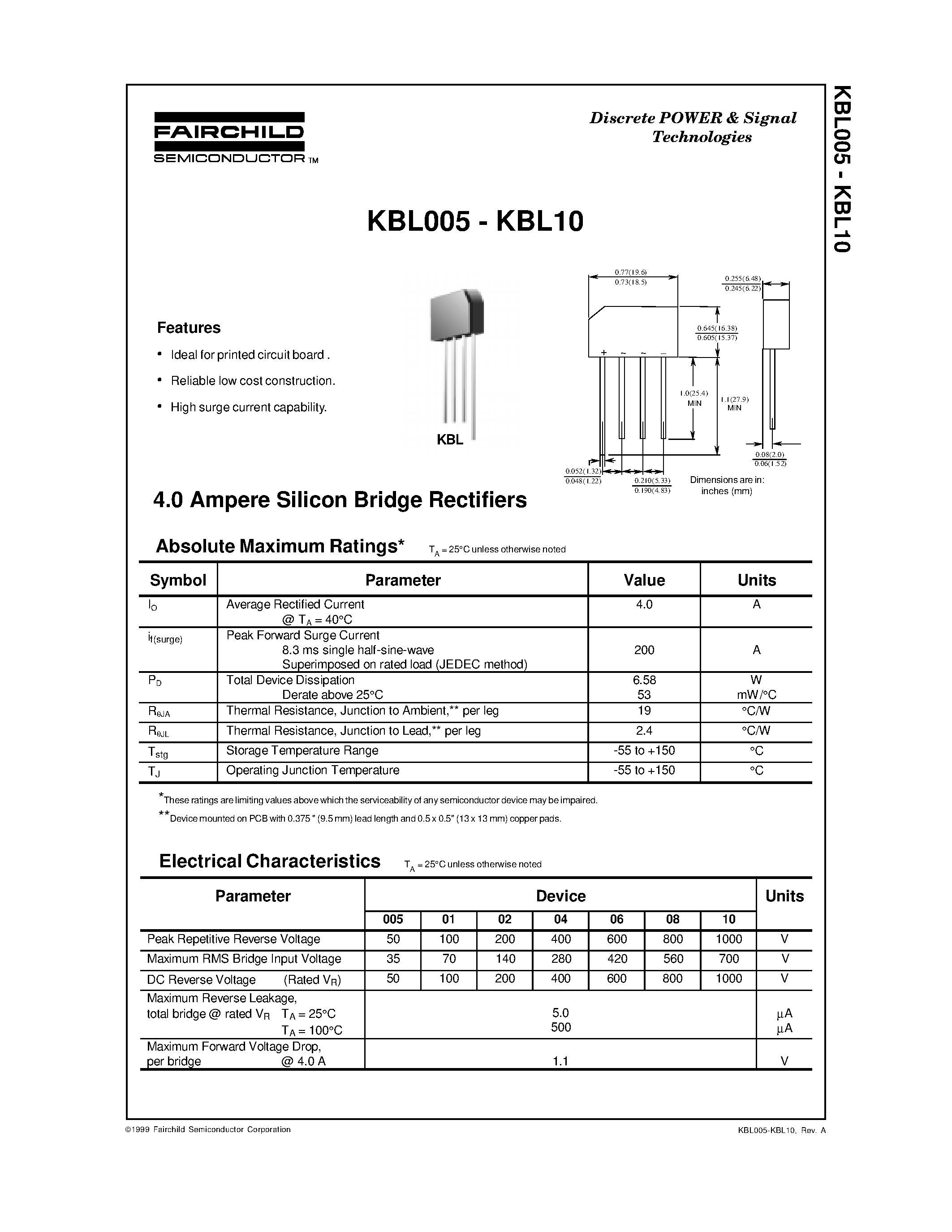Даташит KBL005-(KBL005 - KBL10) 4.0 Ampere Silicon Bridge Rectifiers страница 1