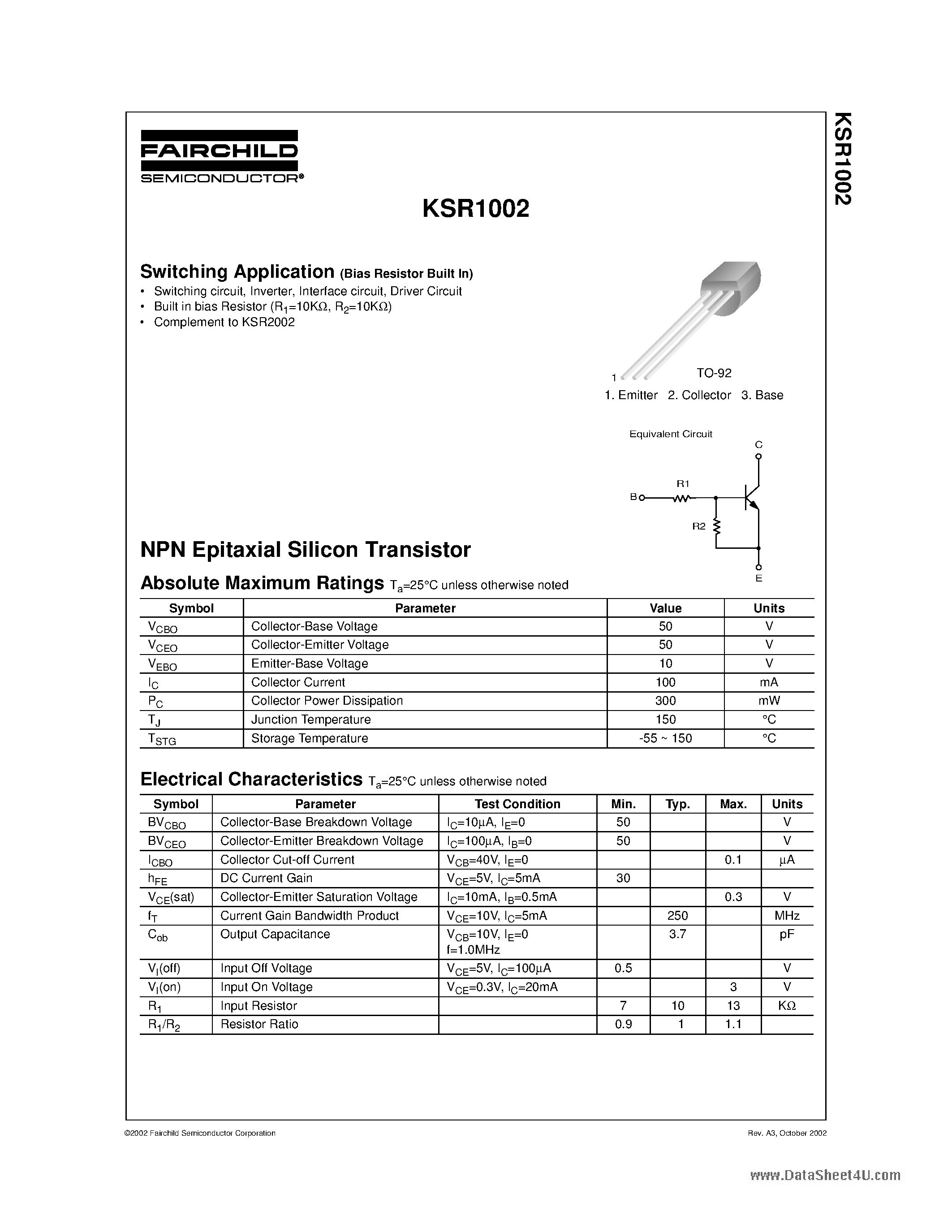 Даташит KSR1002 - Switching Application страница 1