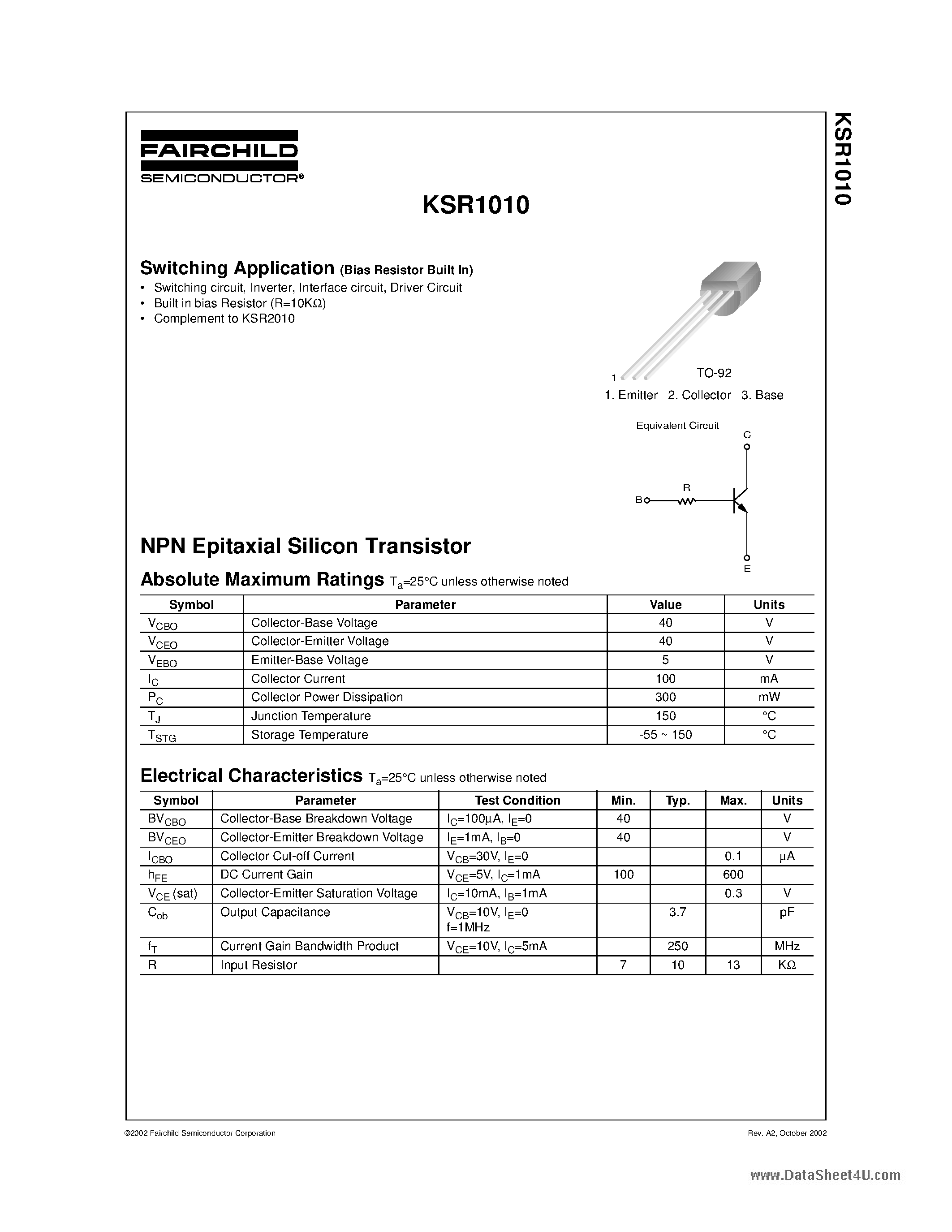 Datasheet KSR1010 - Switching Application page 1