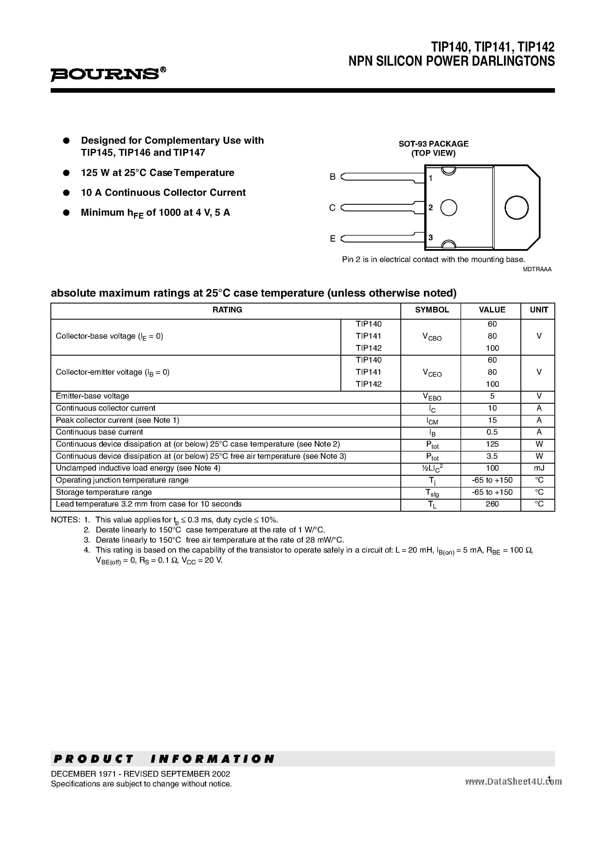 Даташит TIP140 - (TIP140 - TIP142) NPN SILICON POWER DARLINGTONS страница 1