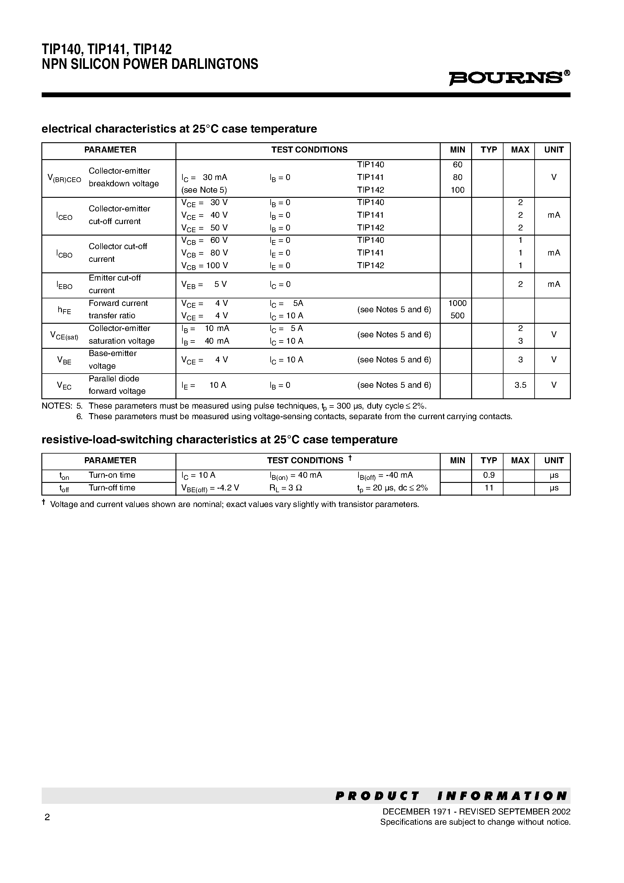 Даташит TIP140 - (TIP140 - TIP142) NPN SILICON POWER DARLINGTONS страница 2