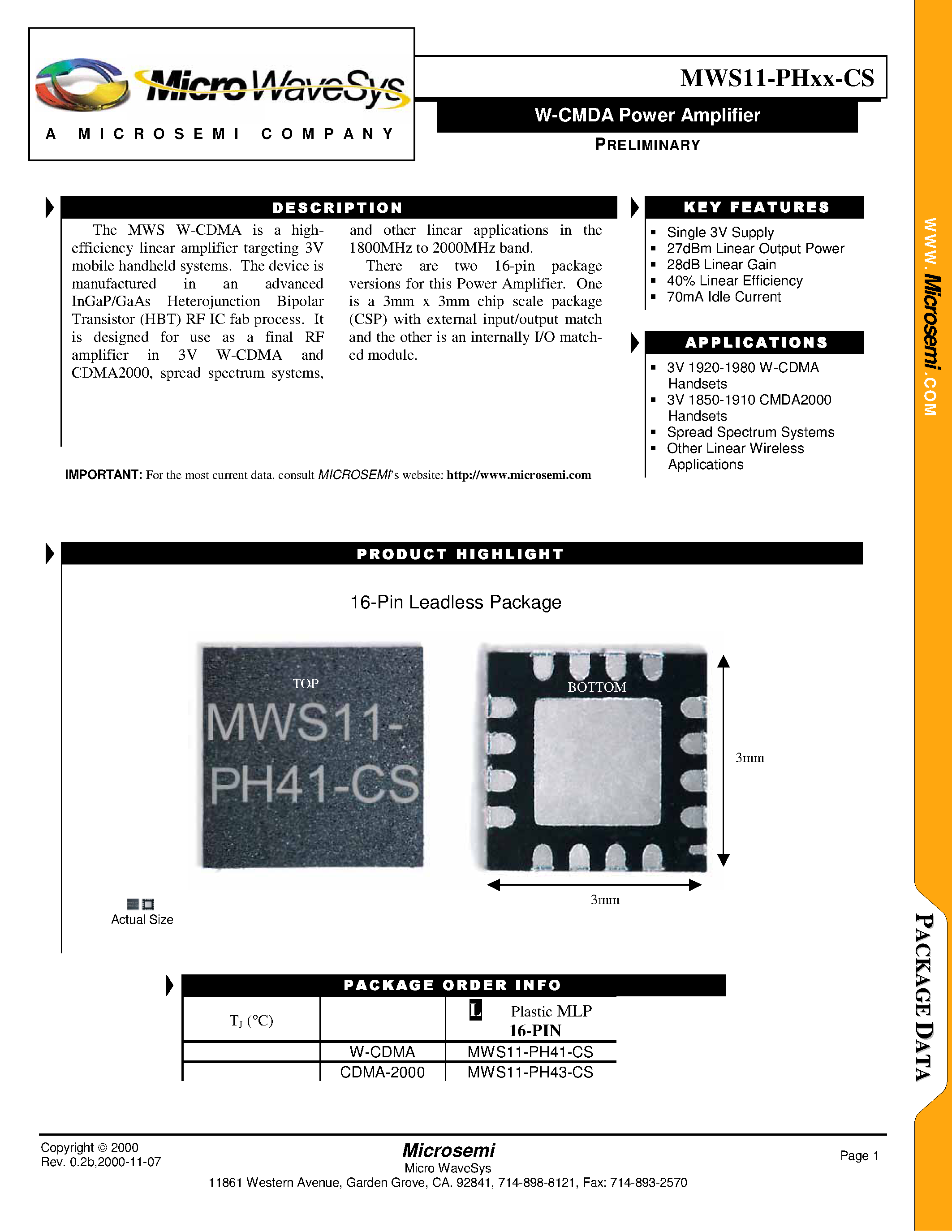 Datasheet MWS11-PHXX-CS - W-CMDA Power Amplifier page 1