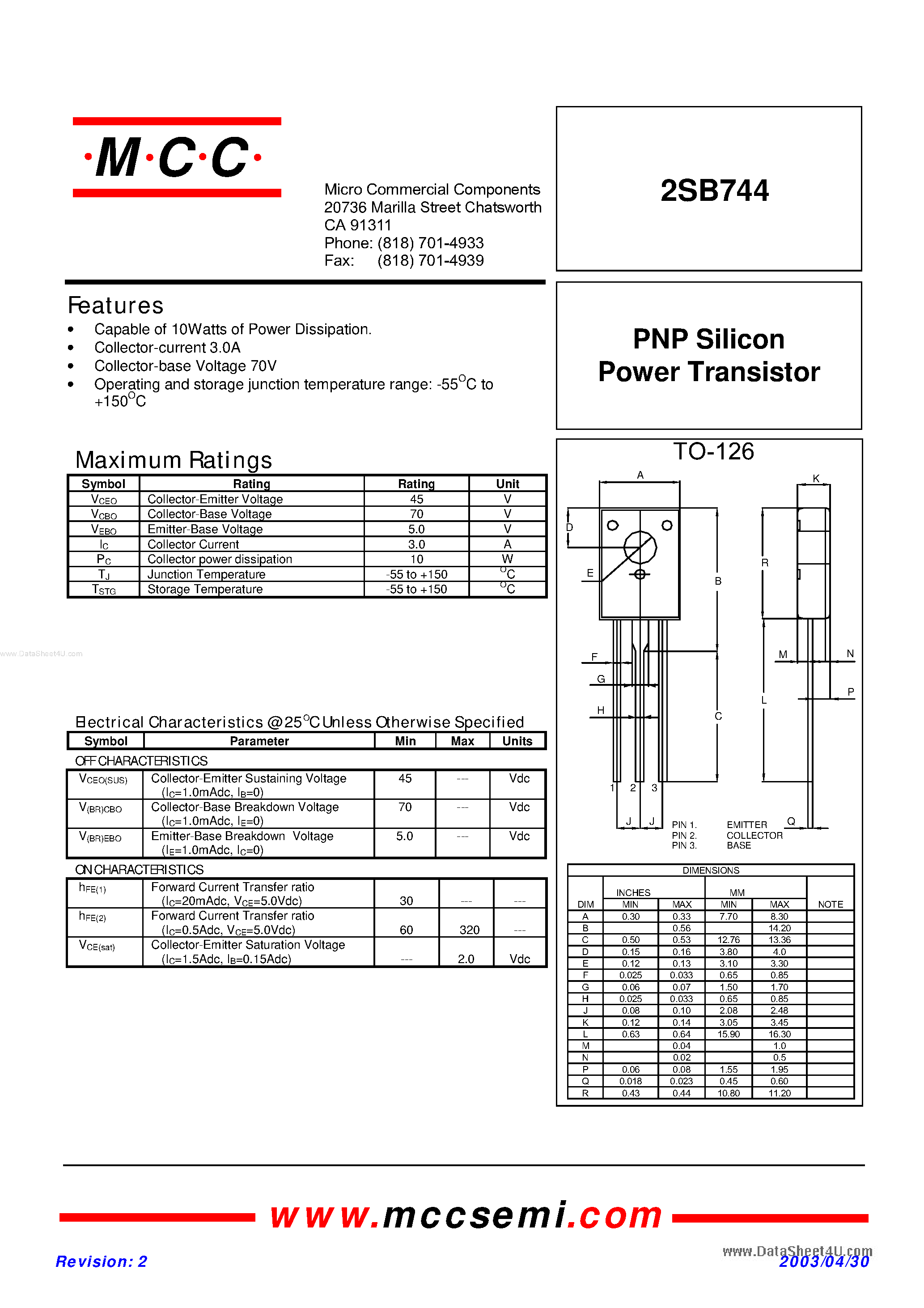 Даташит на микросхему 2SB744 страница 1 Даташит 2SB744 - PNP SIlicon Power Transistor страница 1