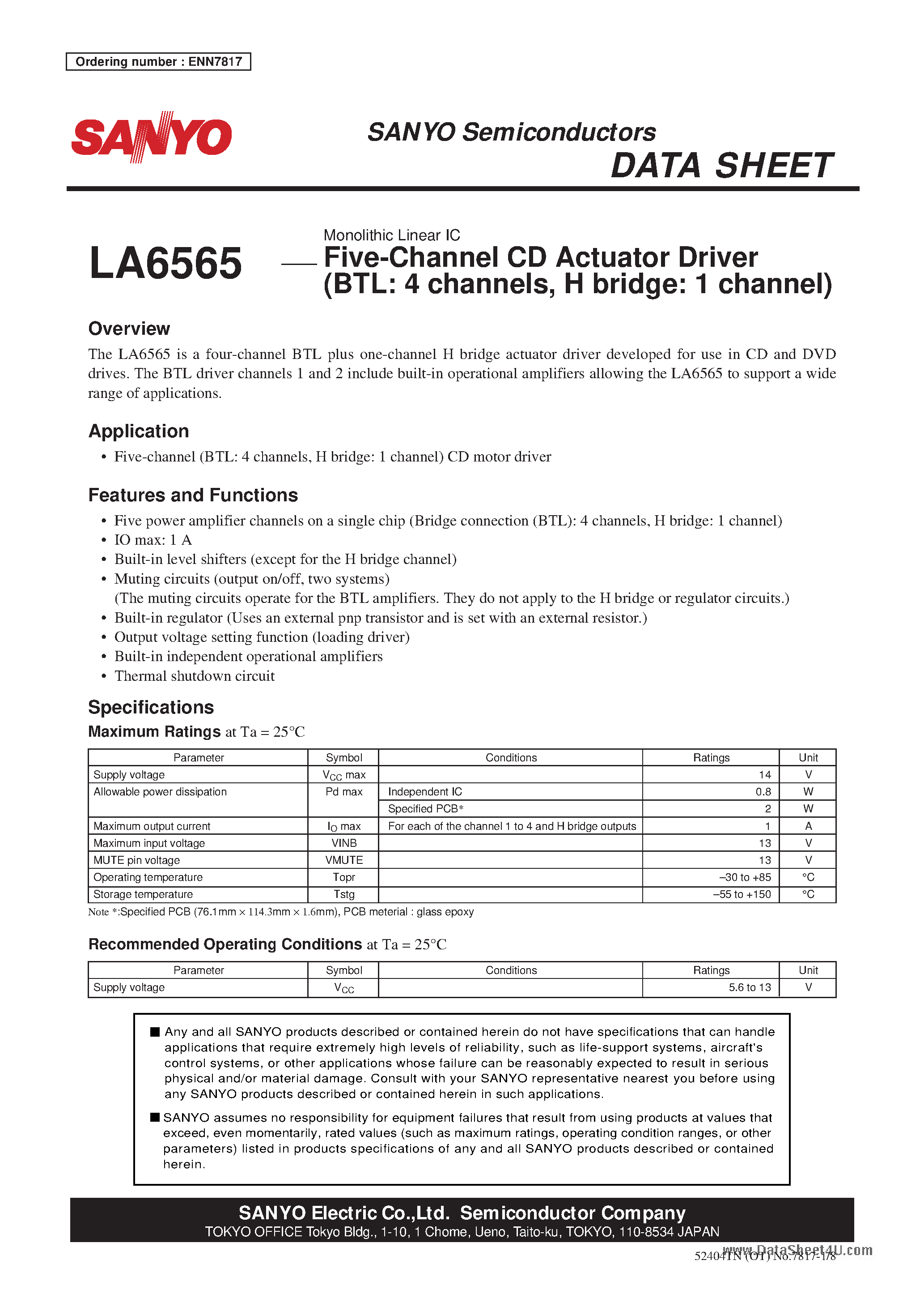Даташит LA6565 - Five-Channel CD Actuator Driver страница 1