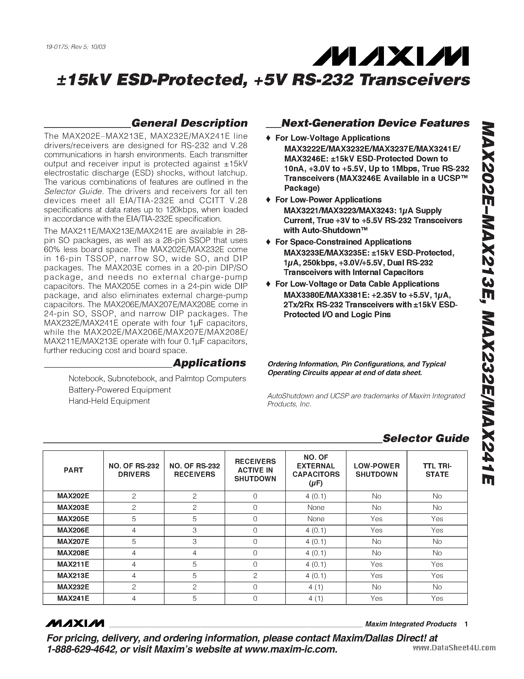 Даташит MAX202E - (MAX202E - MAX241E) +5V RS-232 Transceivers страница 1
