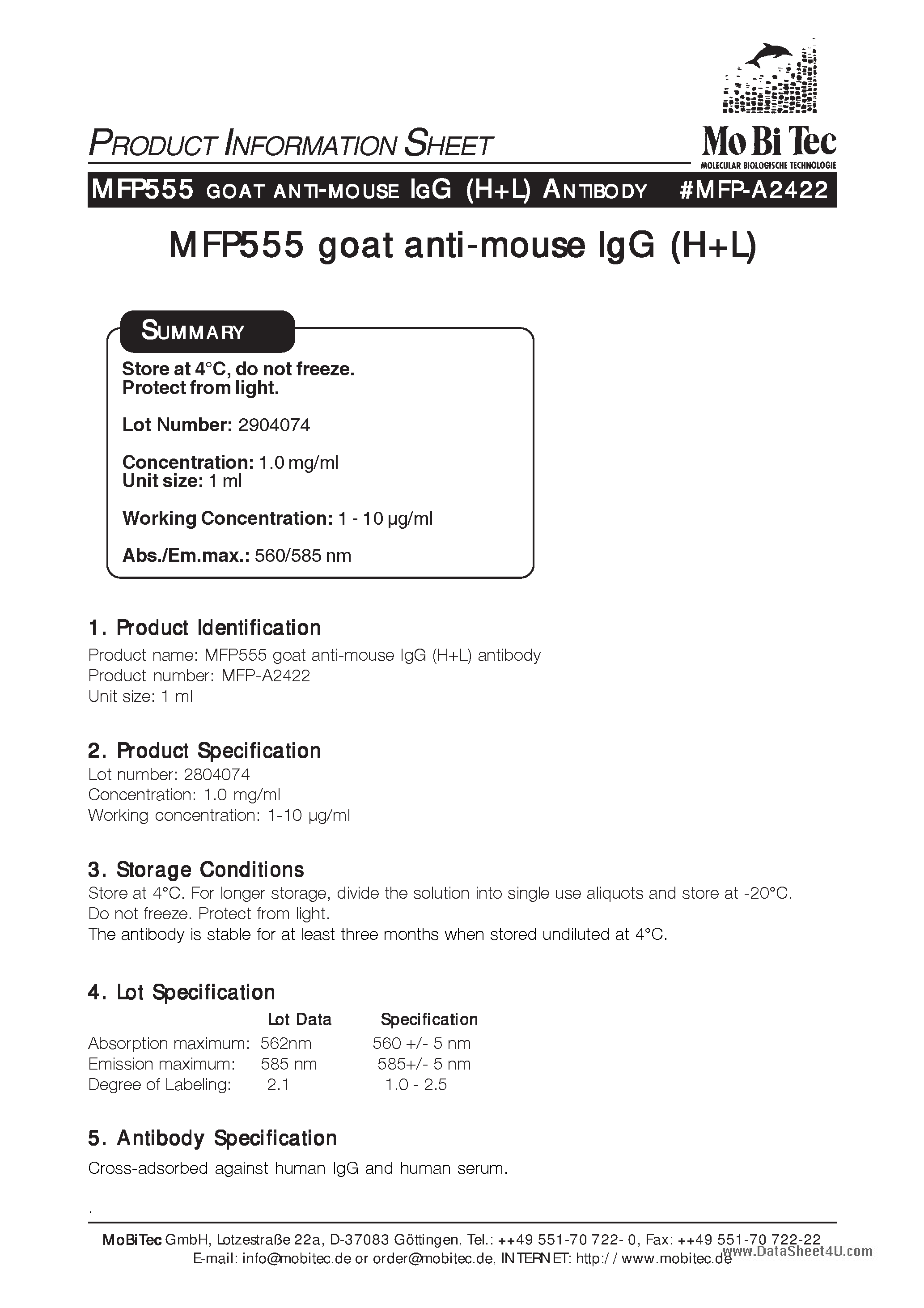Datasheet MFP-A2422 - GOAT ANTI ANTI-MOUSE IGG G (H+L) A ANTIBODY page 1