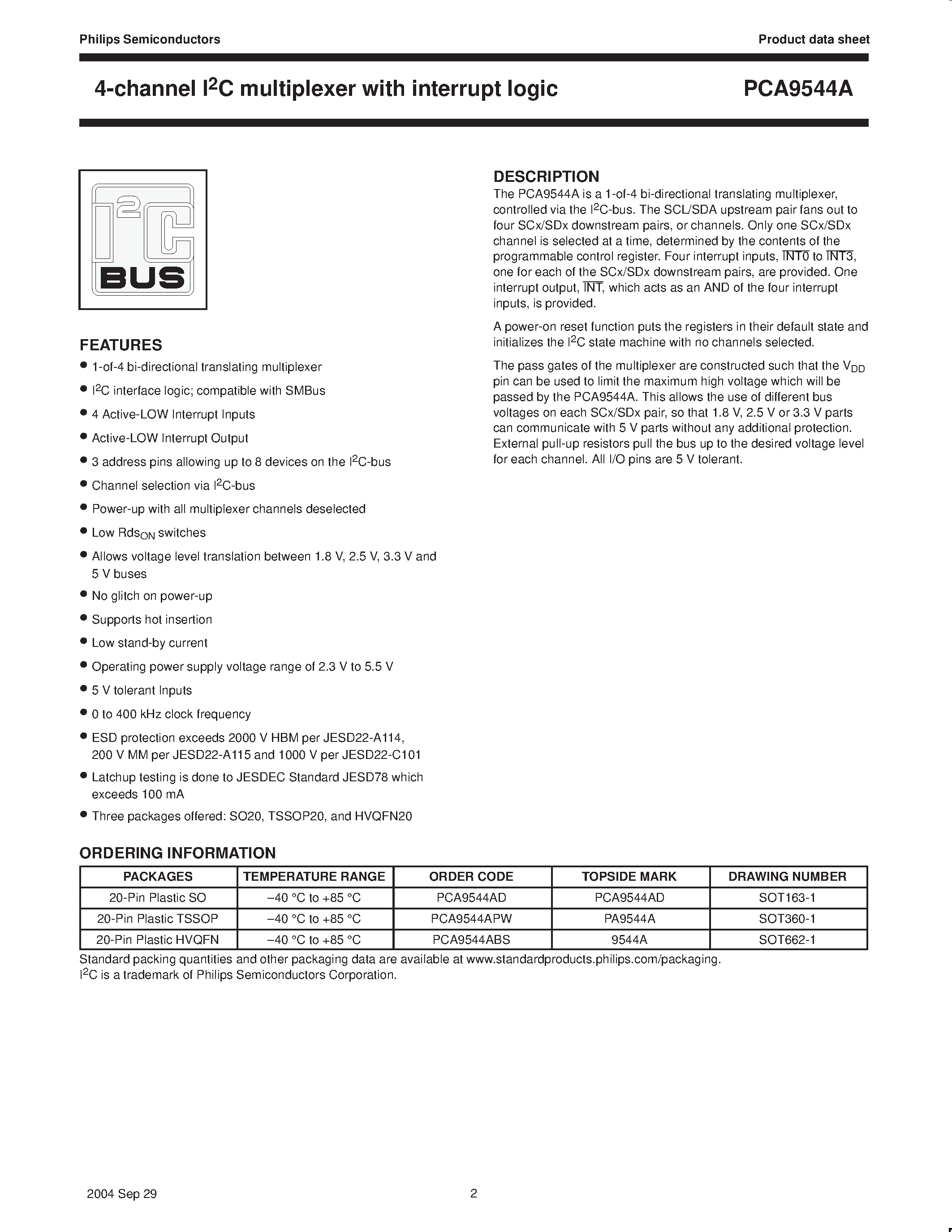 Datasheet PCA9544A - 4-channel IC multiplexer page 2