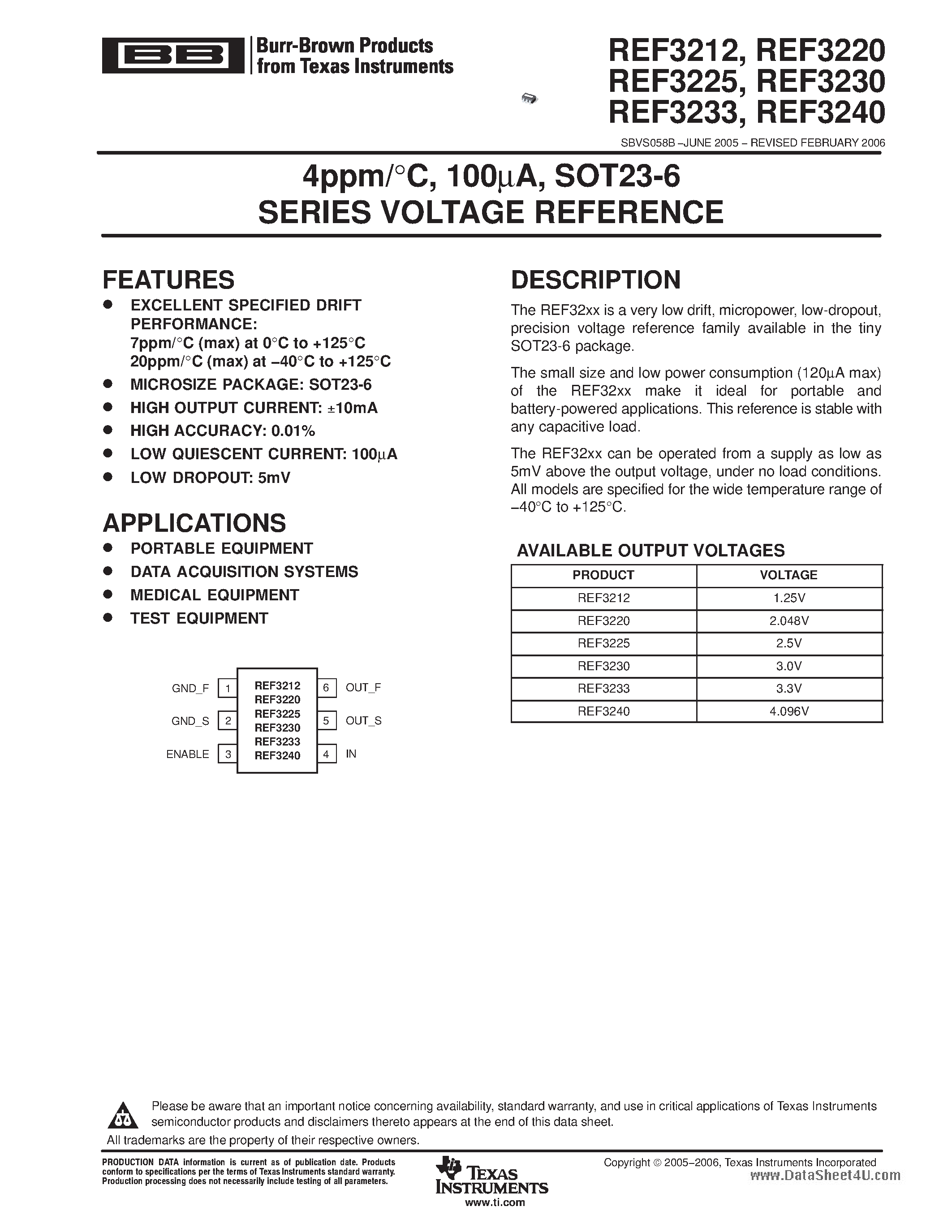 Datasheet REF3212 page 1 Datasheet REF3212 - (REF3212 - REF3240) SOT23-6 SERIES VOLTAGE REFERENCE page 1