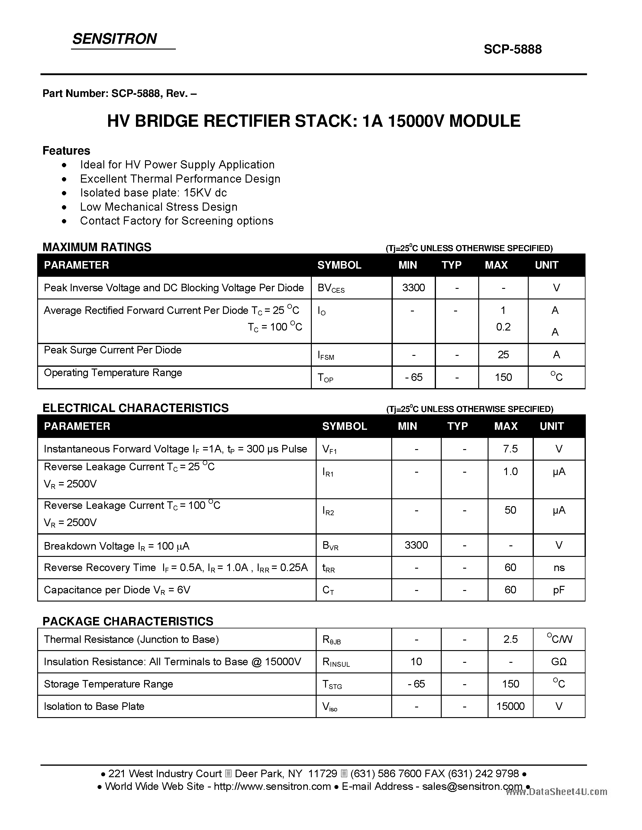 Даташит на микросхему SCP-5888 страница 1 Даташит SCP-5888 - HV BRIDGE RECTIFIER STACK страница 1