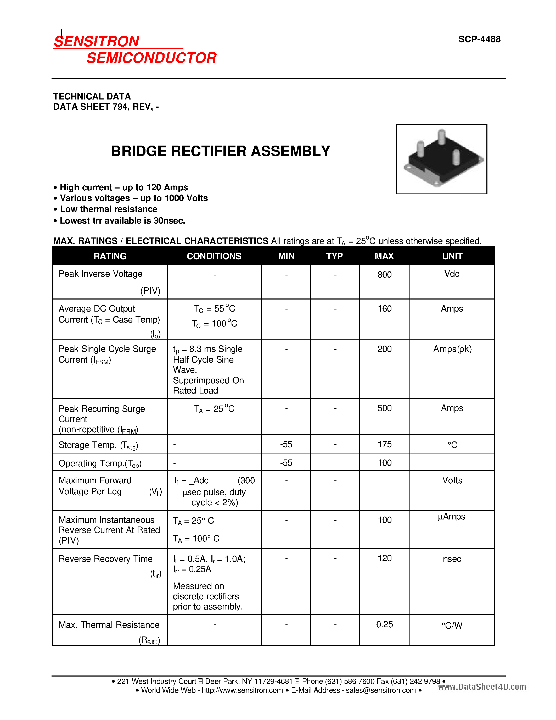 Datasheet SCP-4488 - BRIDGE RECTIFIER ASSEMBLY page 1