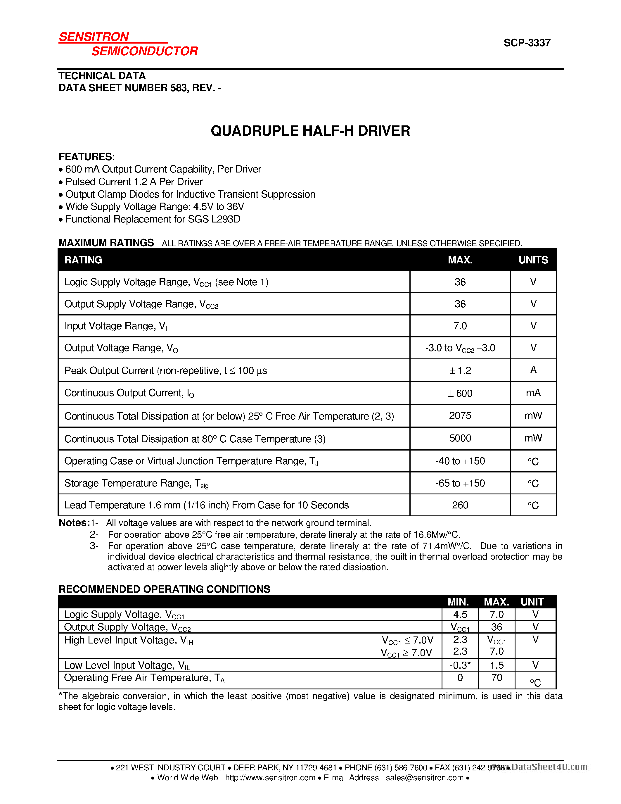 Datasheet SCP-3337 - QUADRUPLE HALF-H DRIVER page 1