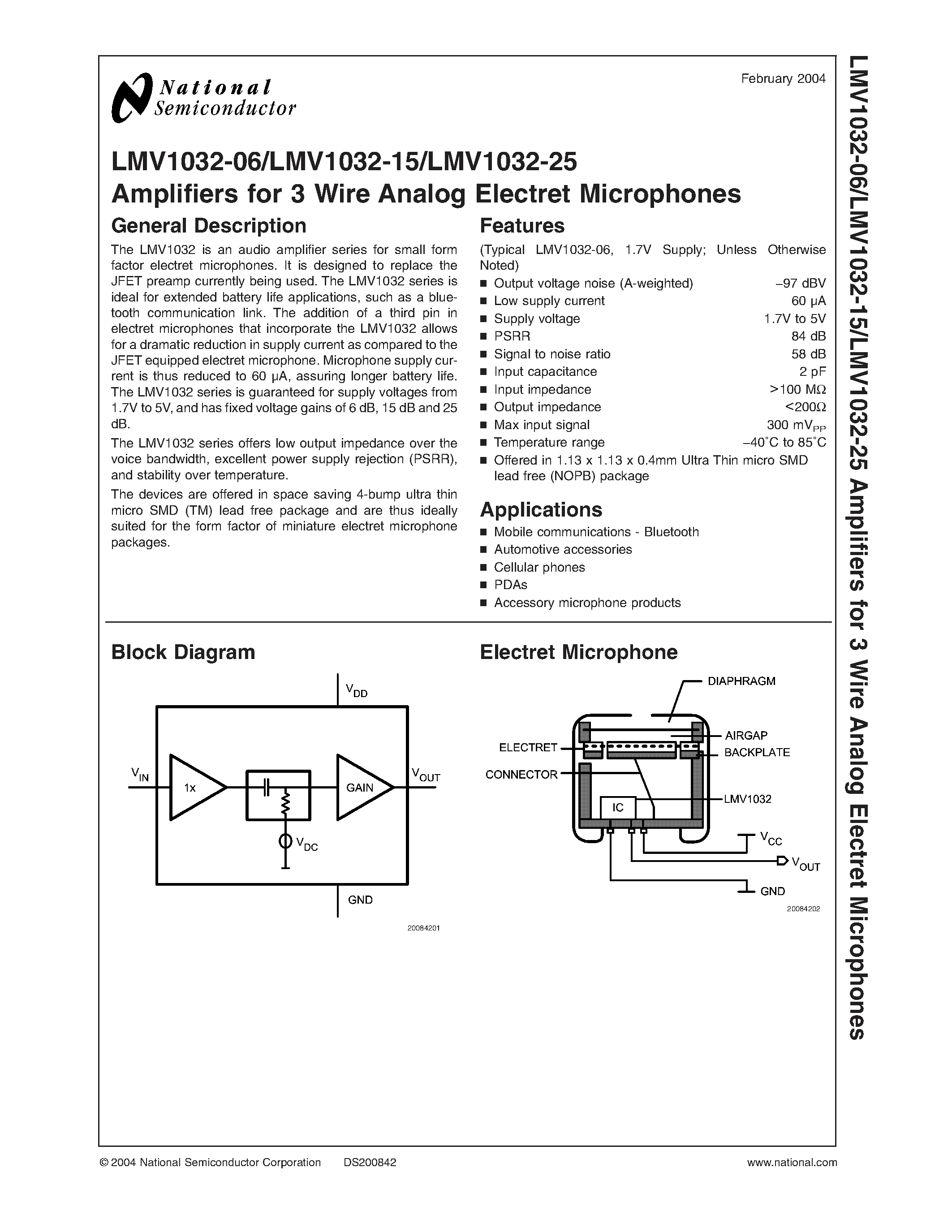 Datasheet LMV1032-06 - Amplifiers for 3 Wire Analog Electret Microphones page 1