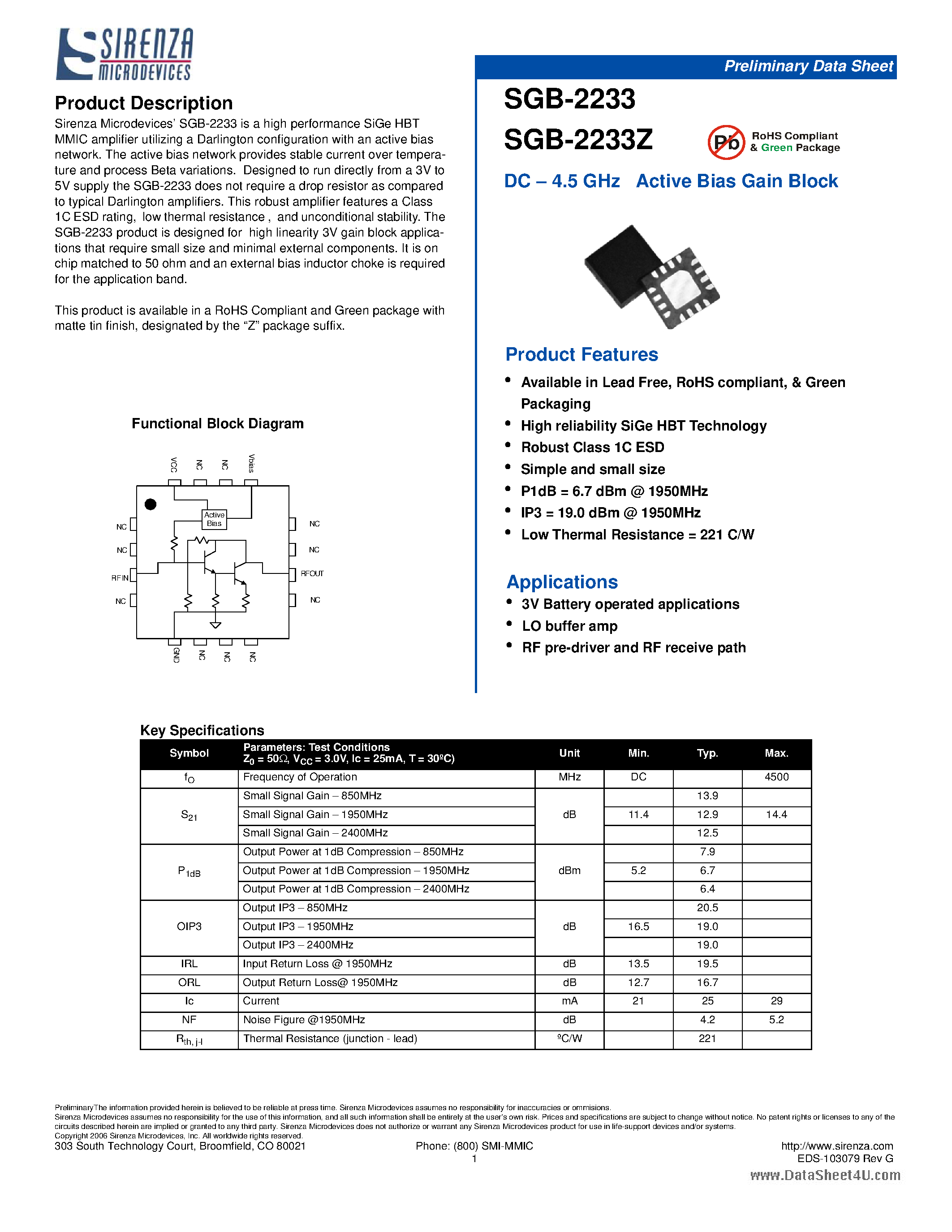 Даташит на микросхему SGB-2233Z страница 1 Даташит SGB-2233Z - DC - 4.5 GHz Active Bias Gain Block страница 1