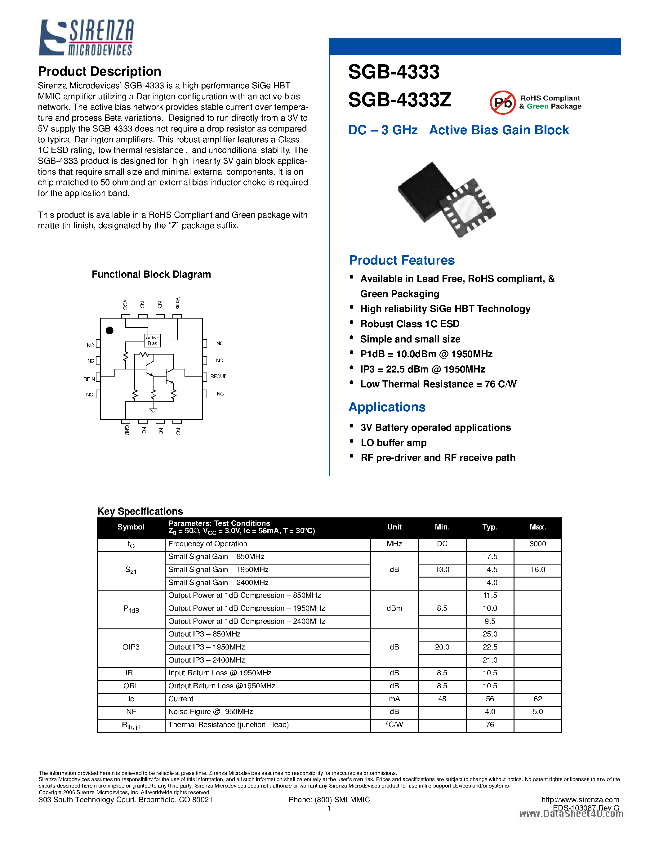 Datasheet SGB-4333Z - DC - 3 GHz Active Bias Gain Block page 1