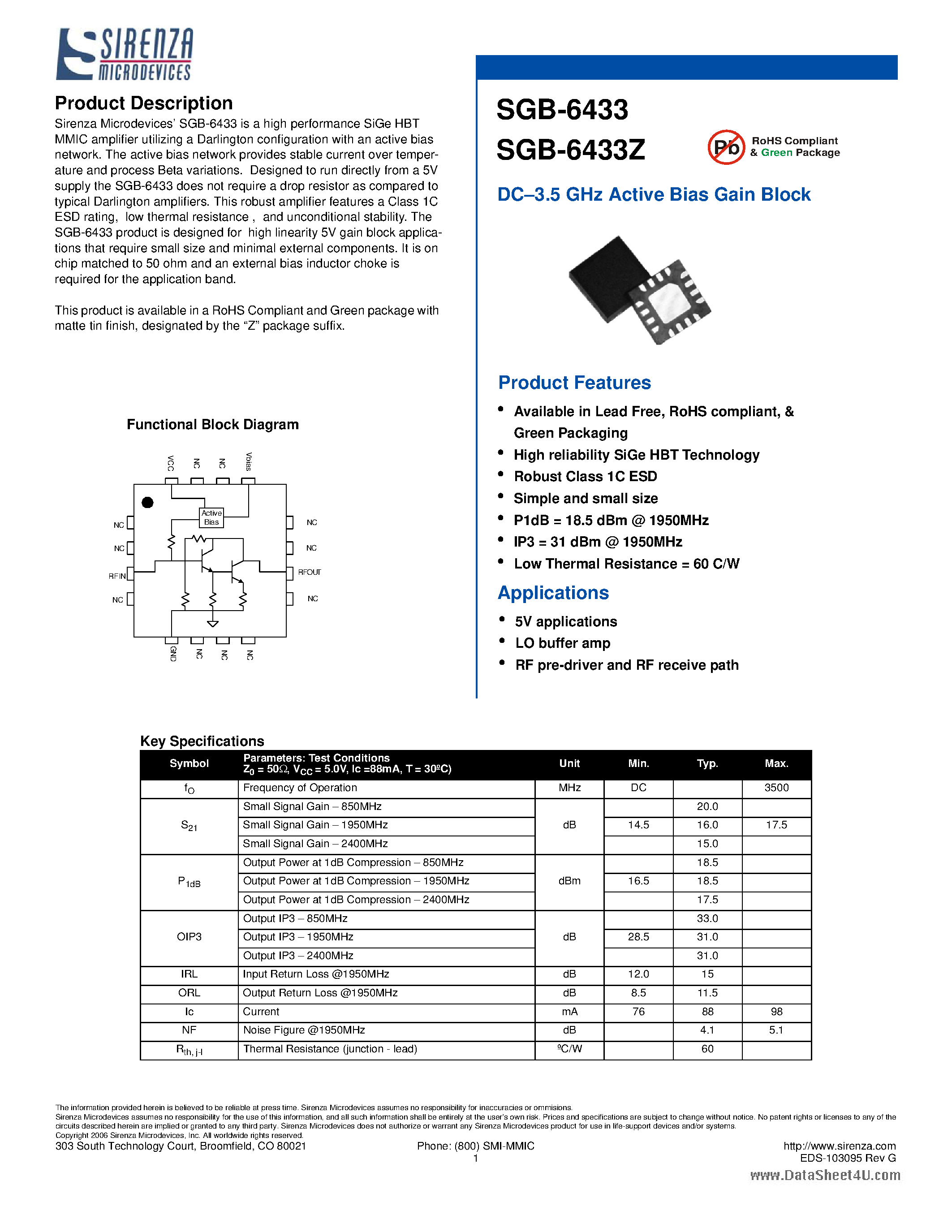 Даташит на микросхему SGB-6433 страница 1 Даташит SGB-6433 - DC-3.5 GHz Active Bias Gain Block страница 1