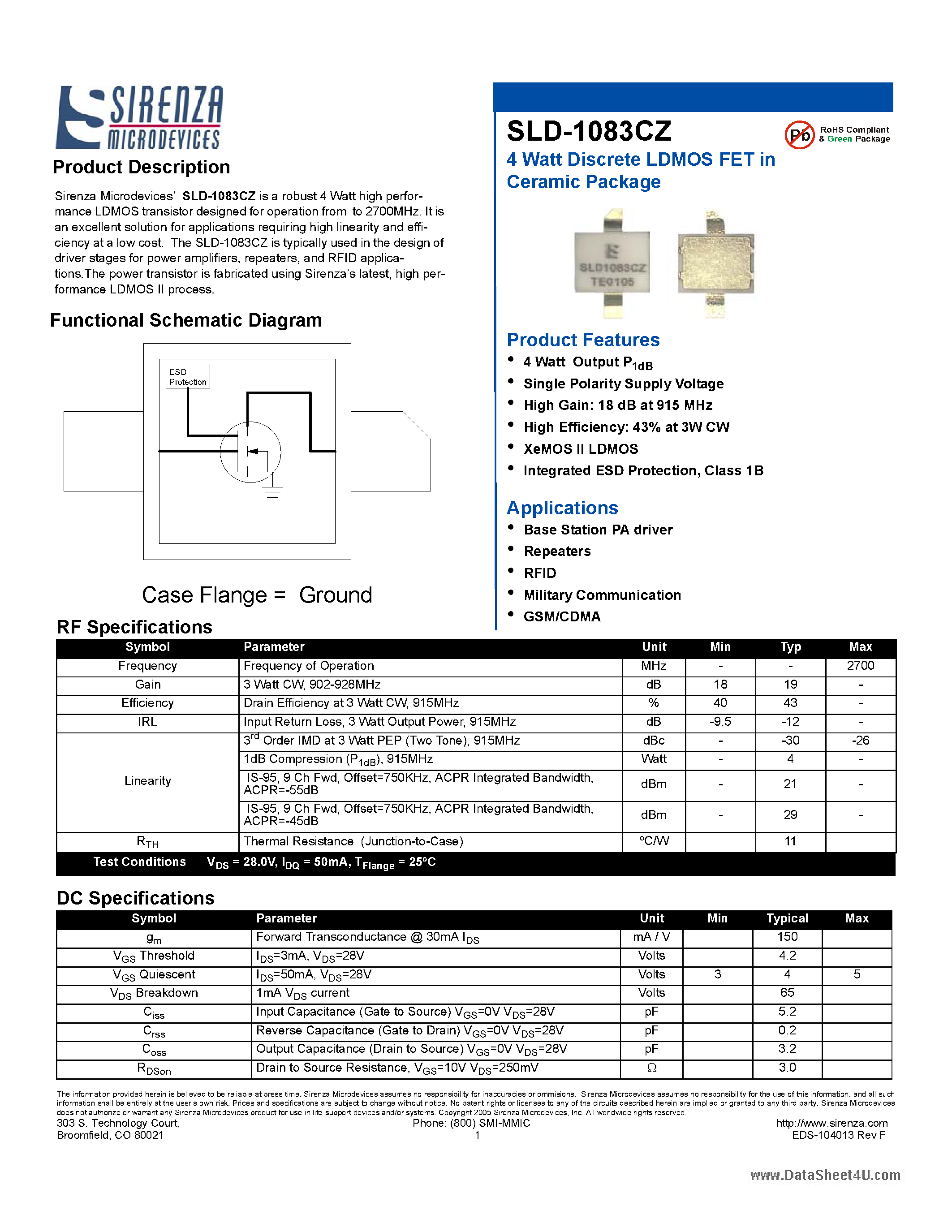Datasheet SLD-1083CZ - 4 Watt Discrete LDMOS FET page 1