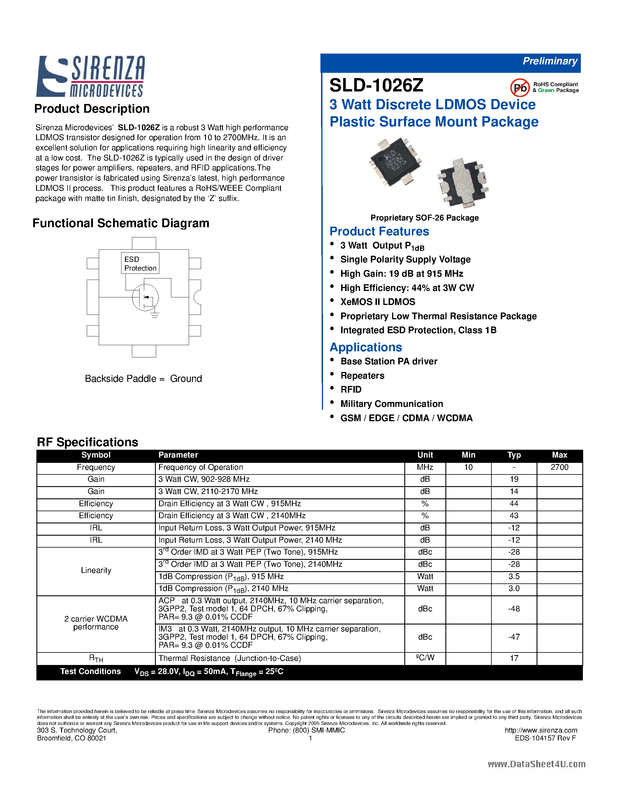 Datasheet SLD-1026Z - 3 Watt Discrete LDMOS Device Plastic Surface Mount Package page 1