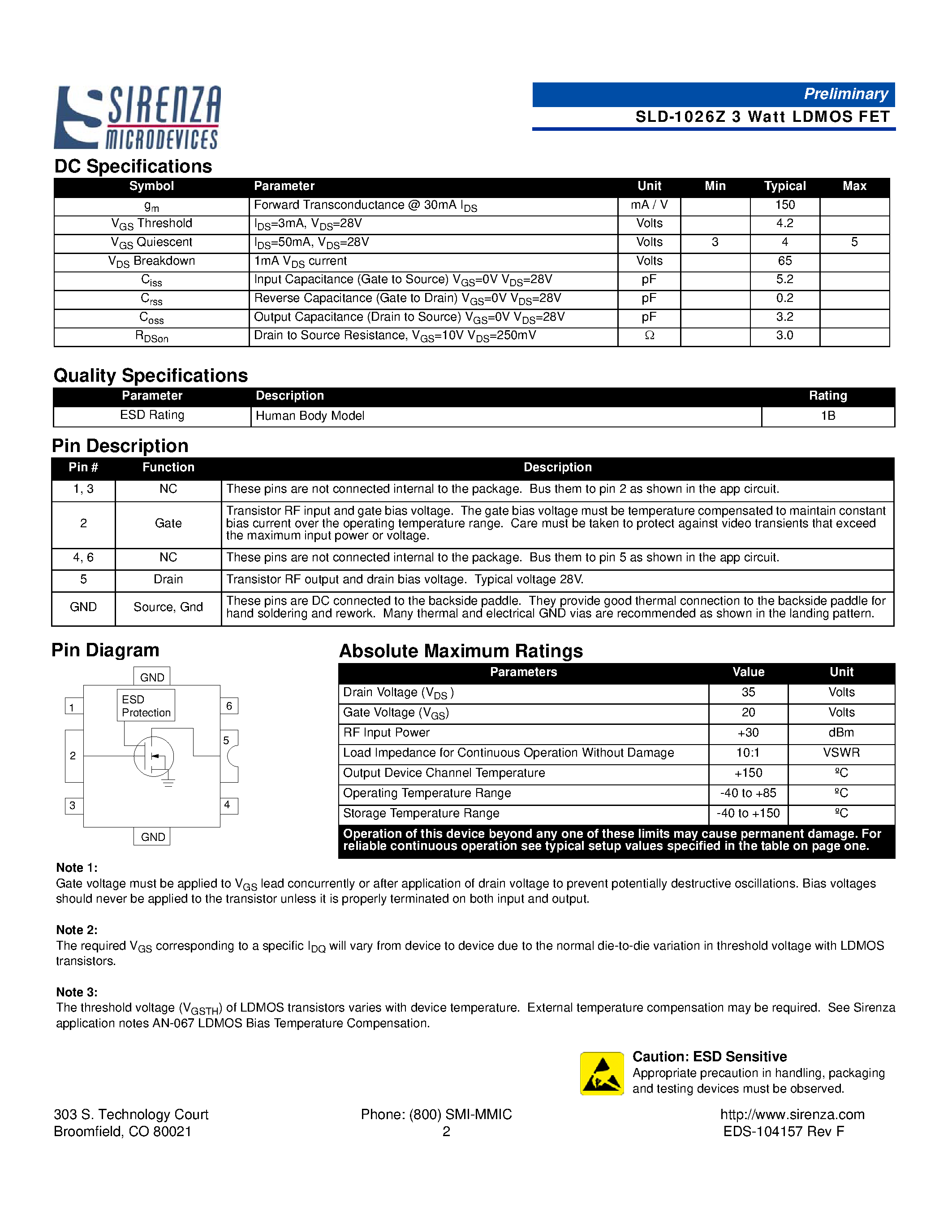 Datasheet SLD-1026Z - 3 Watt Discrete LDMOS Device Plastic Surface Mount Package page 2