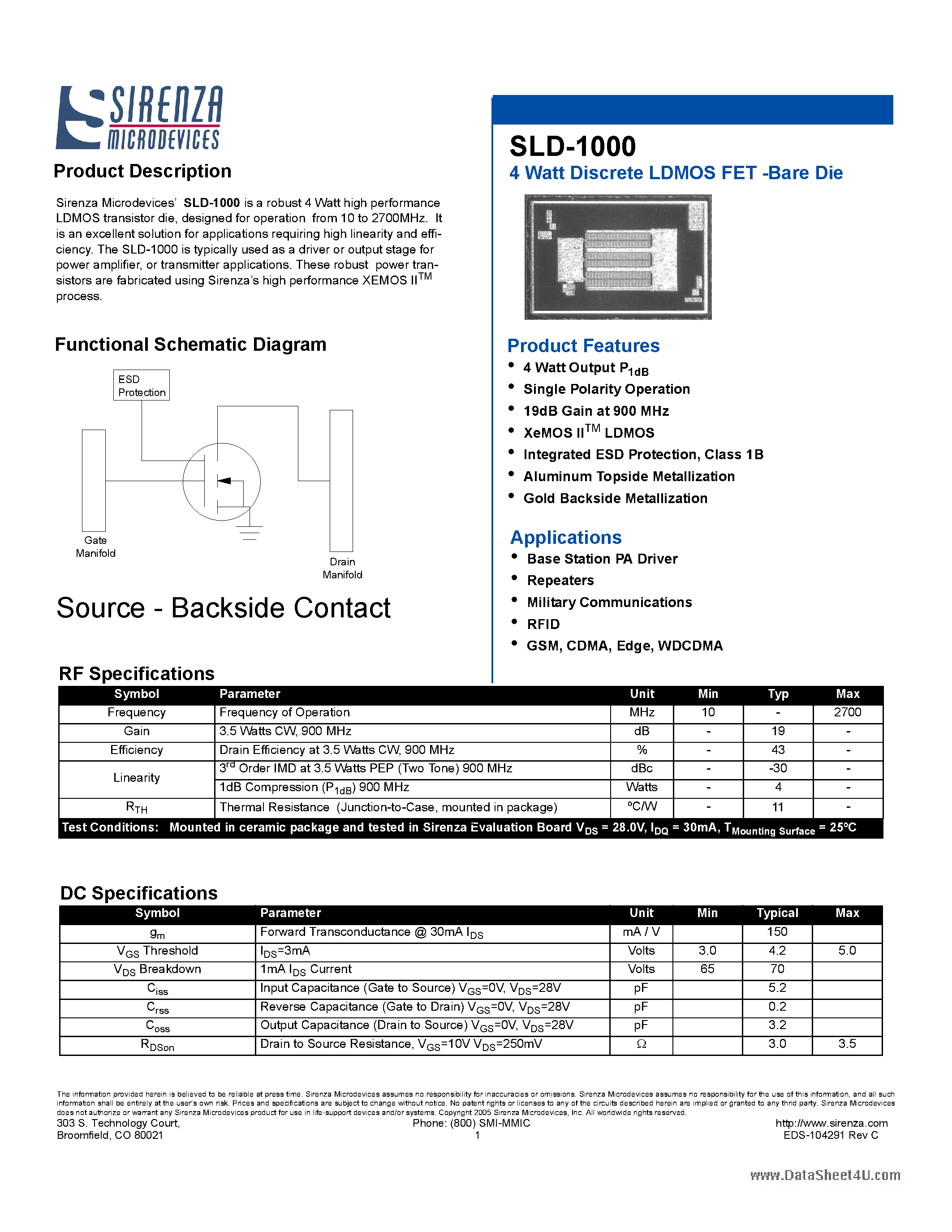 Datasheet SLD-1000 - 4 Watt Discrete LDMOS FET page 1
