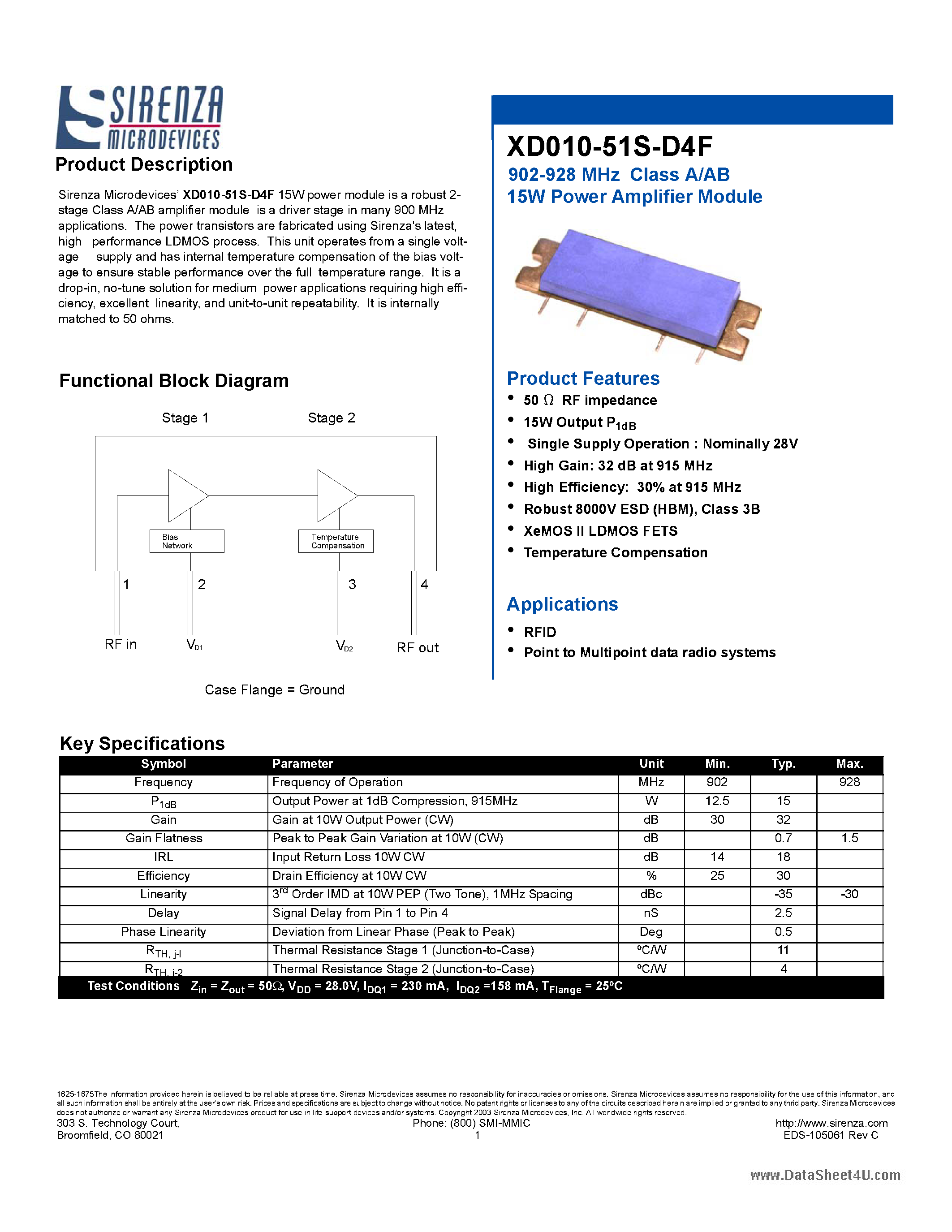 Datasheet XD010-51S-D4F - Class A/AB 15W Power Amplifier Module page 1