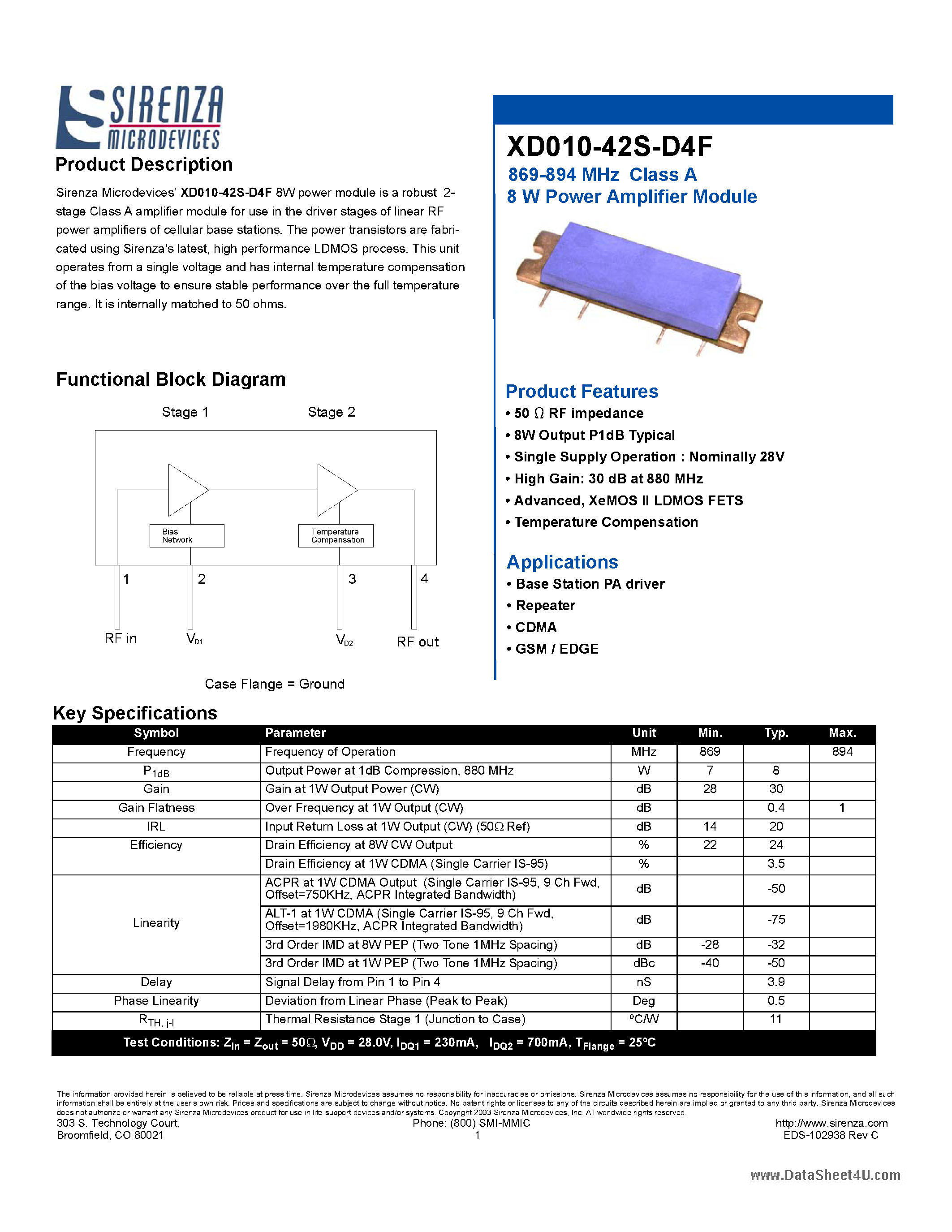 Datasheet XD010-42S-D4F page 1 Datasheet XD010-42S-D4F - Class A 8 W Power Amplifier Module page 1