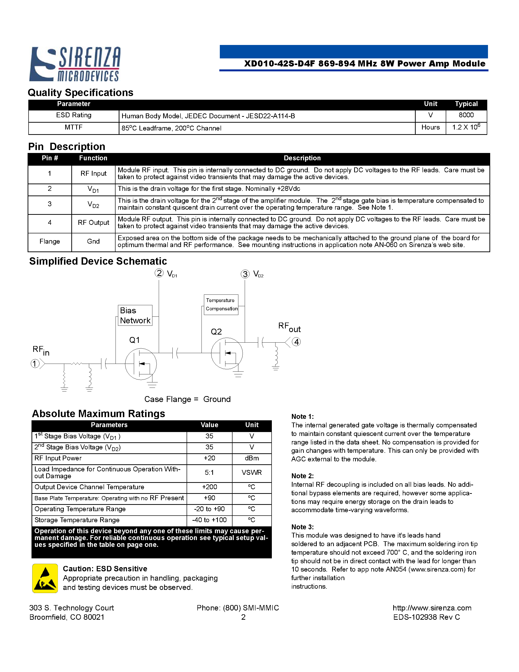 Datasheet XD010-42S-D4F page 2 Datasheet XD010-42S-D4F - Class A 8 W Power Amplifier Module page 2