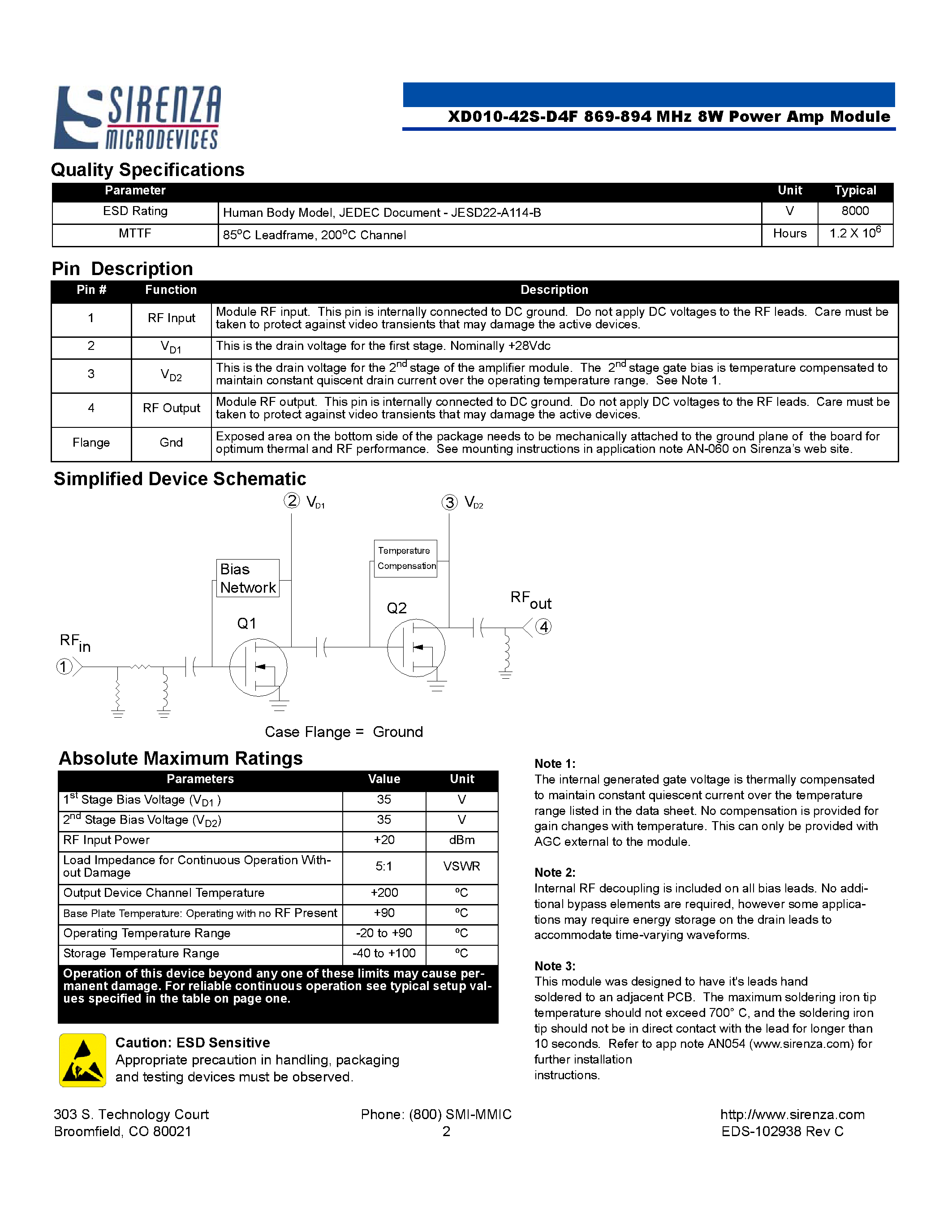 Datasheet XD010-42S-D4F - Class A 8 W Power Amplifier Module page 2