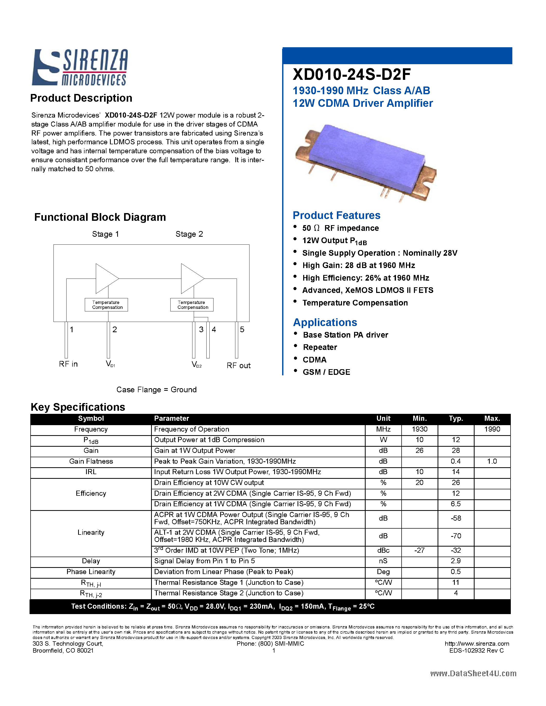 Datasheet XD010-24S-D2F - Class A/AB 12W CDMA Driver Amplifier page 1