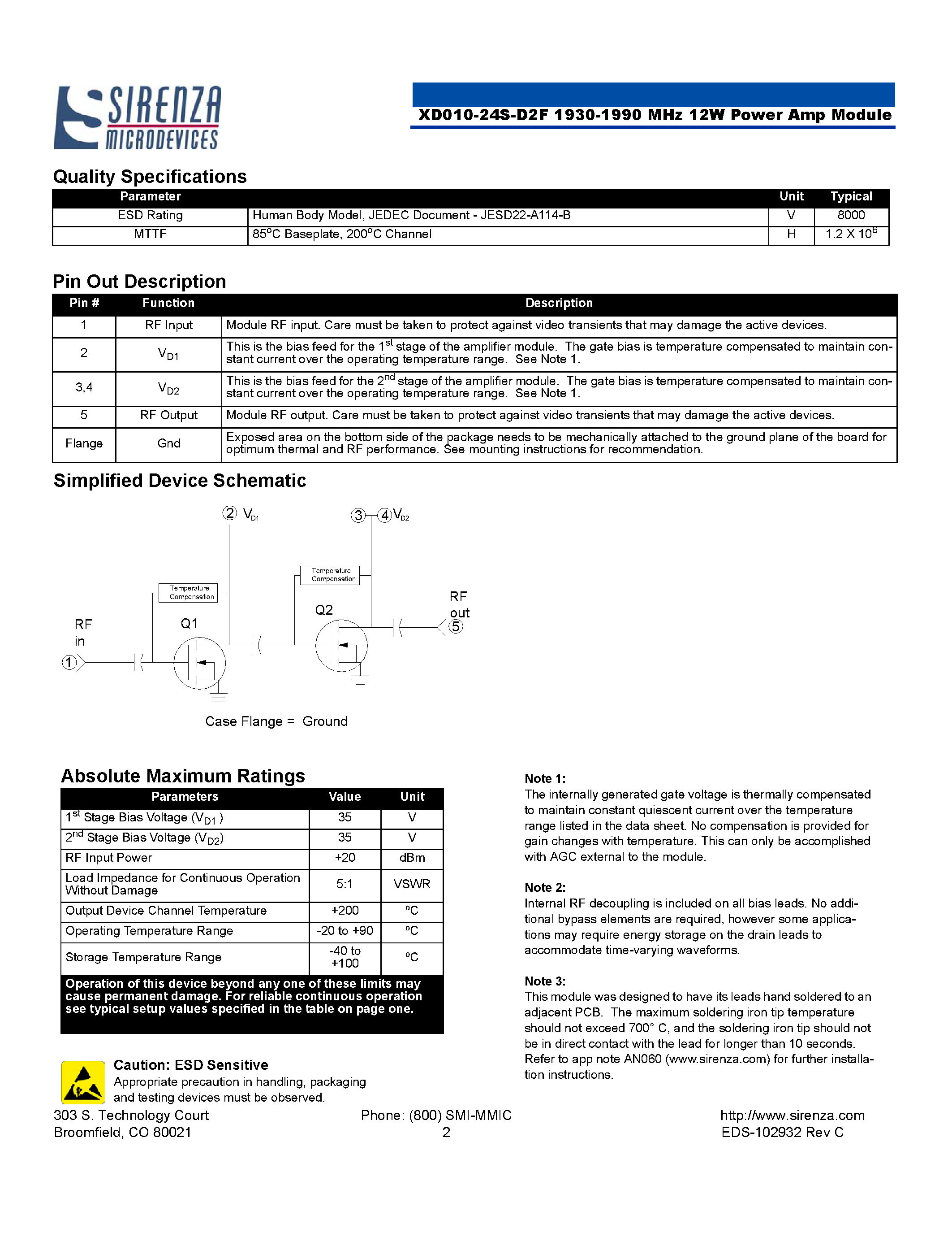 Datasheet XD010-24S-D2F - Class A/AB 12W CDMA Driver Amplifier page 2