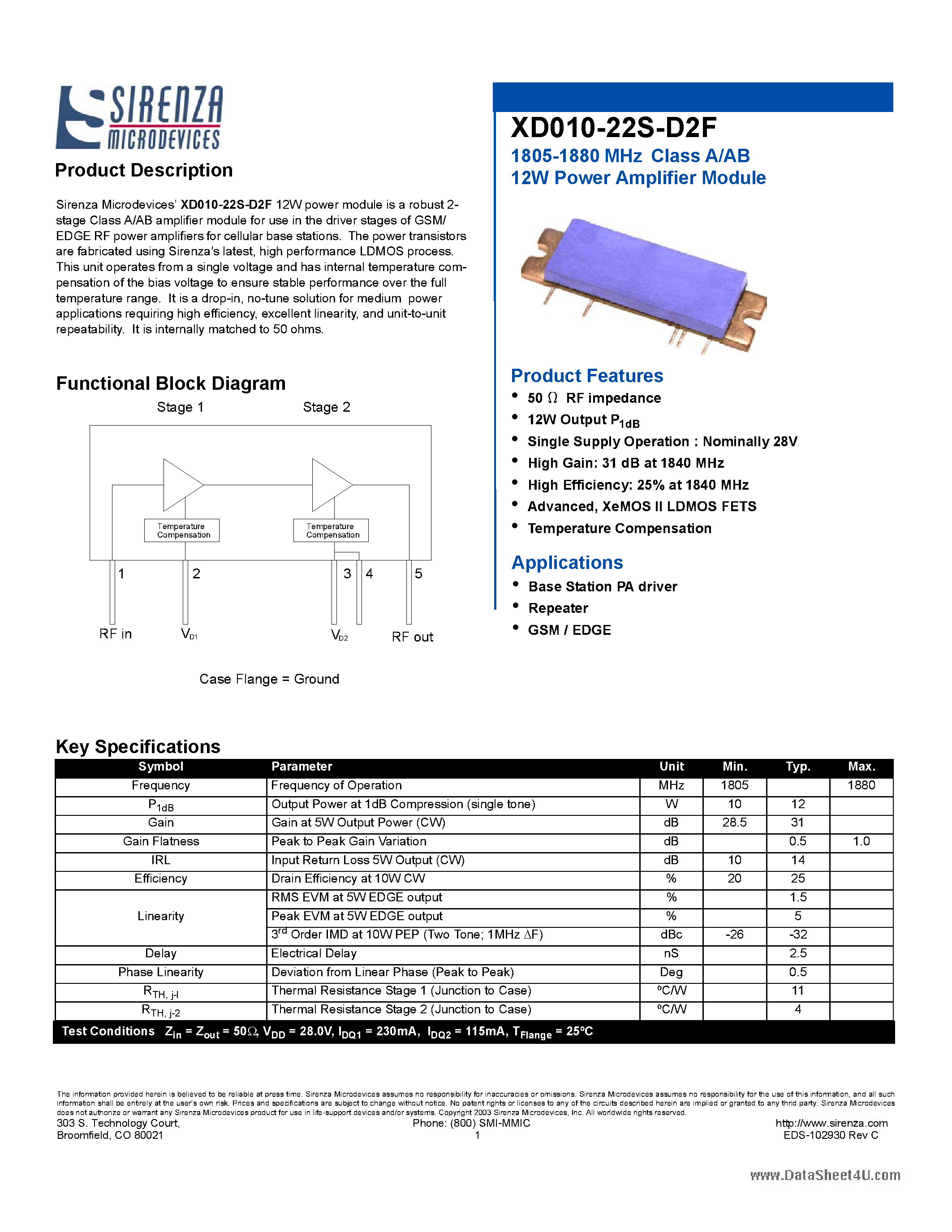 Datasheet XD010-22S-D2F - Class A/AB 12W Power Amplifier Module page 1