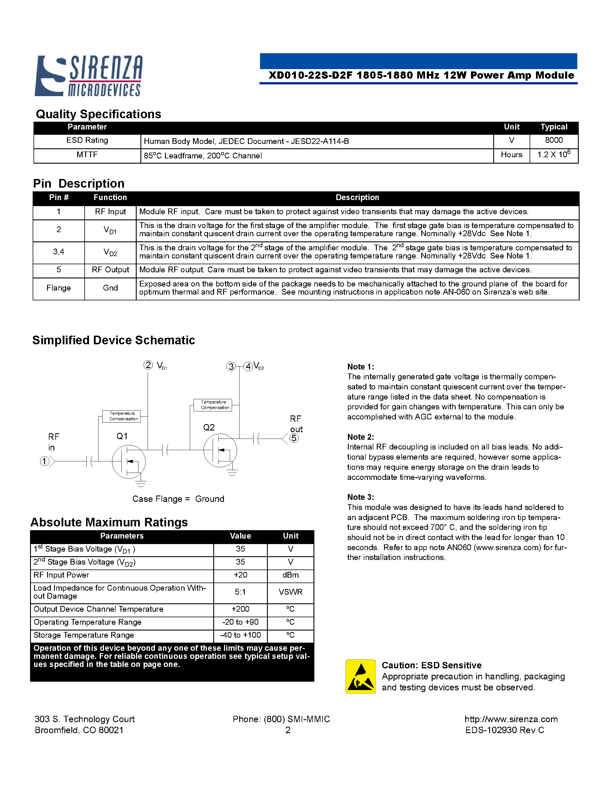 Datasheet XD010-22S-D2F - Class A/AB 12W Power Amplifier Module page 2