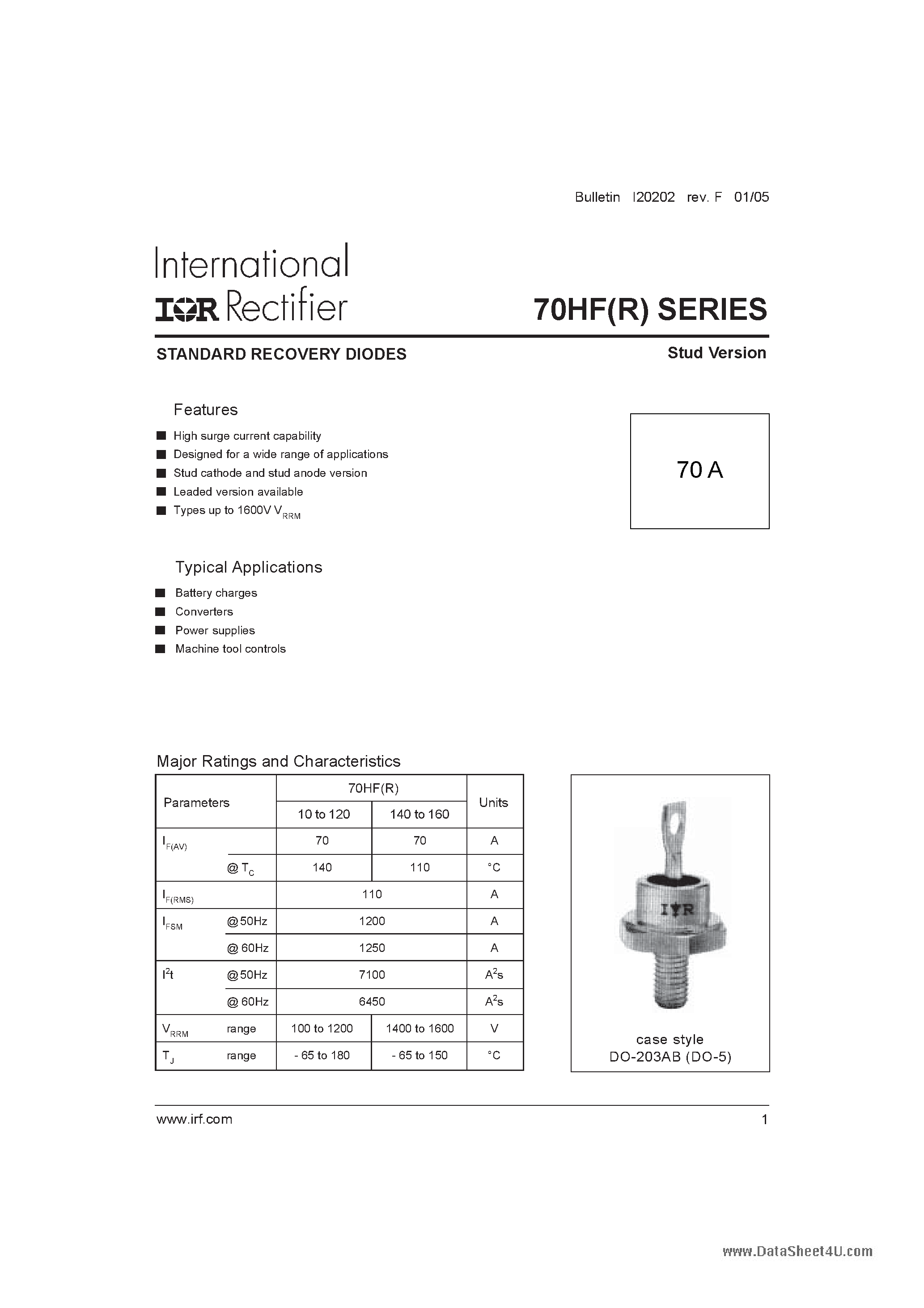 Даташит на микросхему 70HF страница 1 Даташит 70HF - STANDARD RECOVERY DIODES страница 1