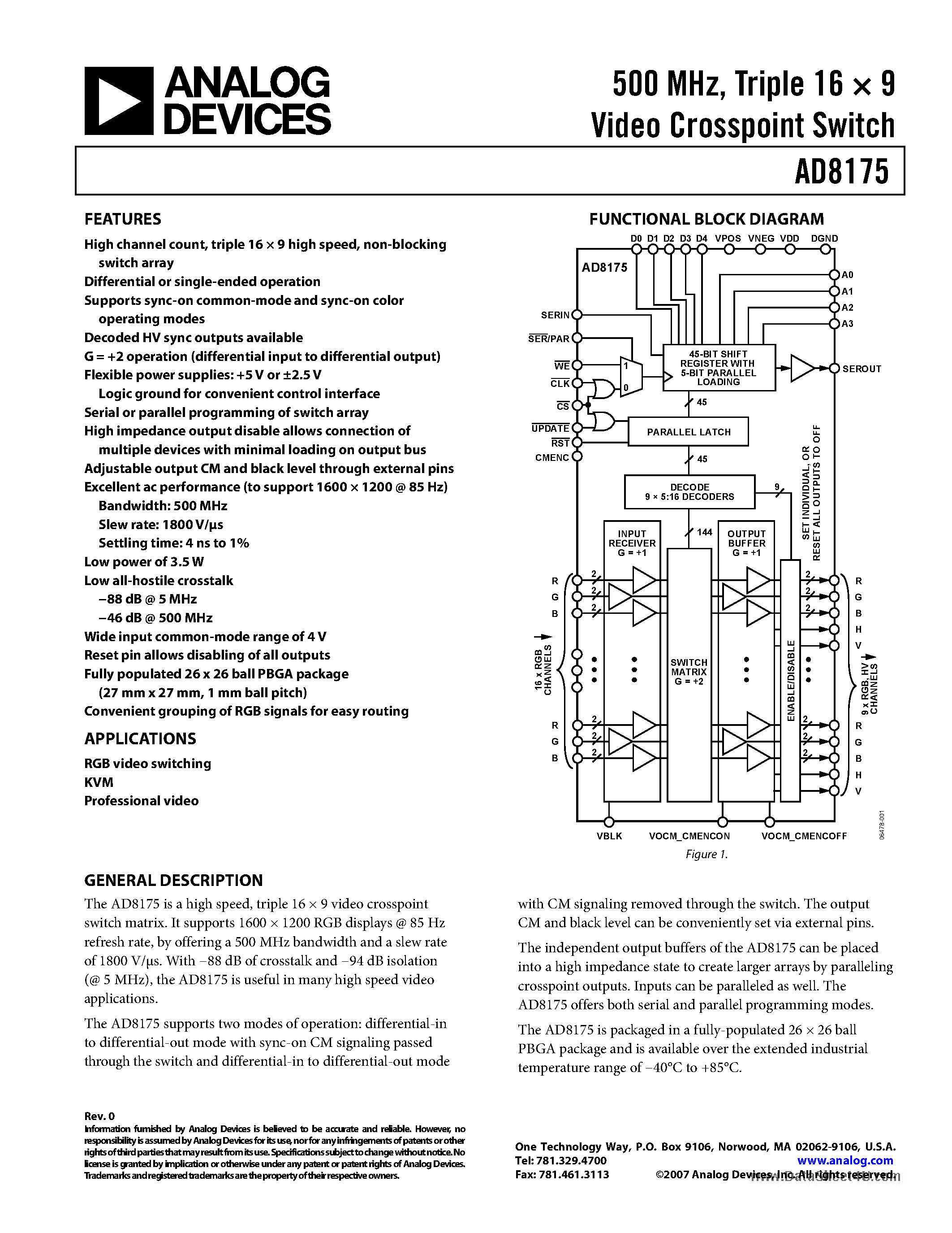 Datasheet AD8175 - Video Crosspoint Switch page 1