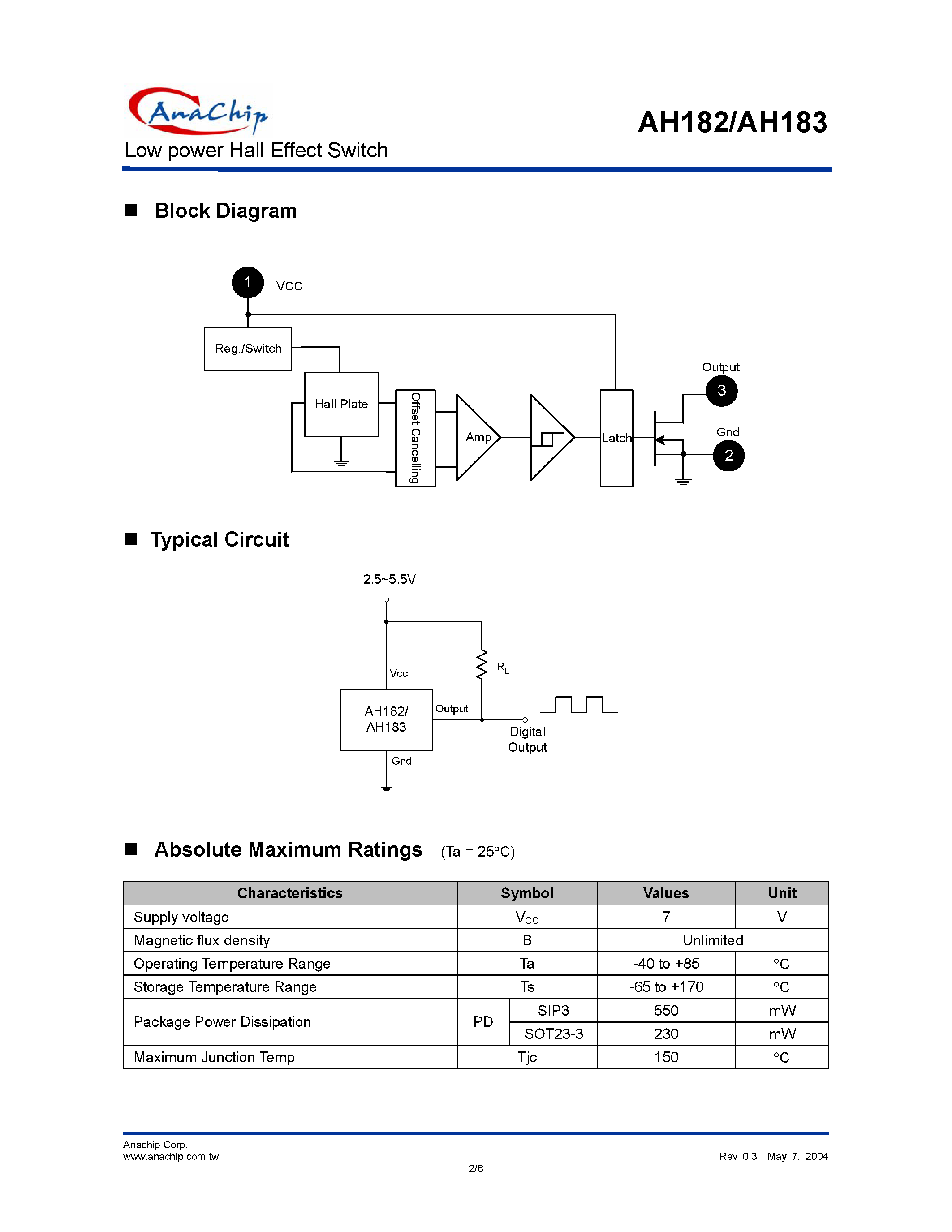 Даташит на микросхему AH182 страница 2 Даташит AH182 - (AH182 / AH183) Low power Hall Effect Switch страница 2