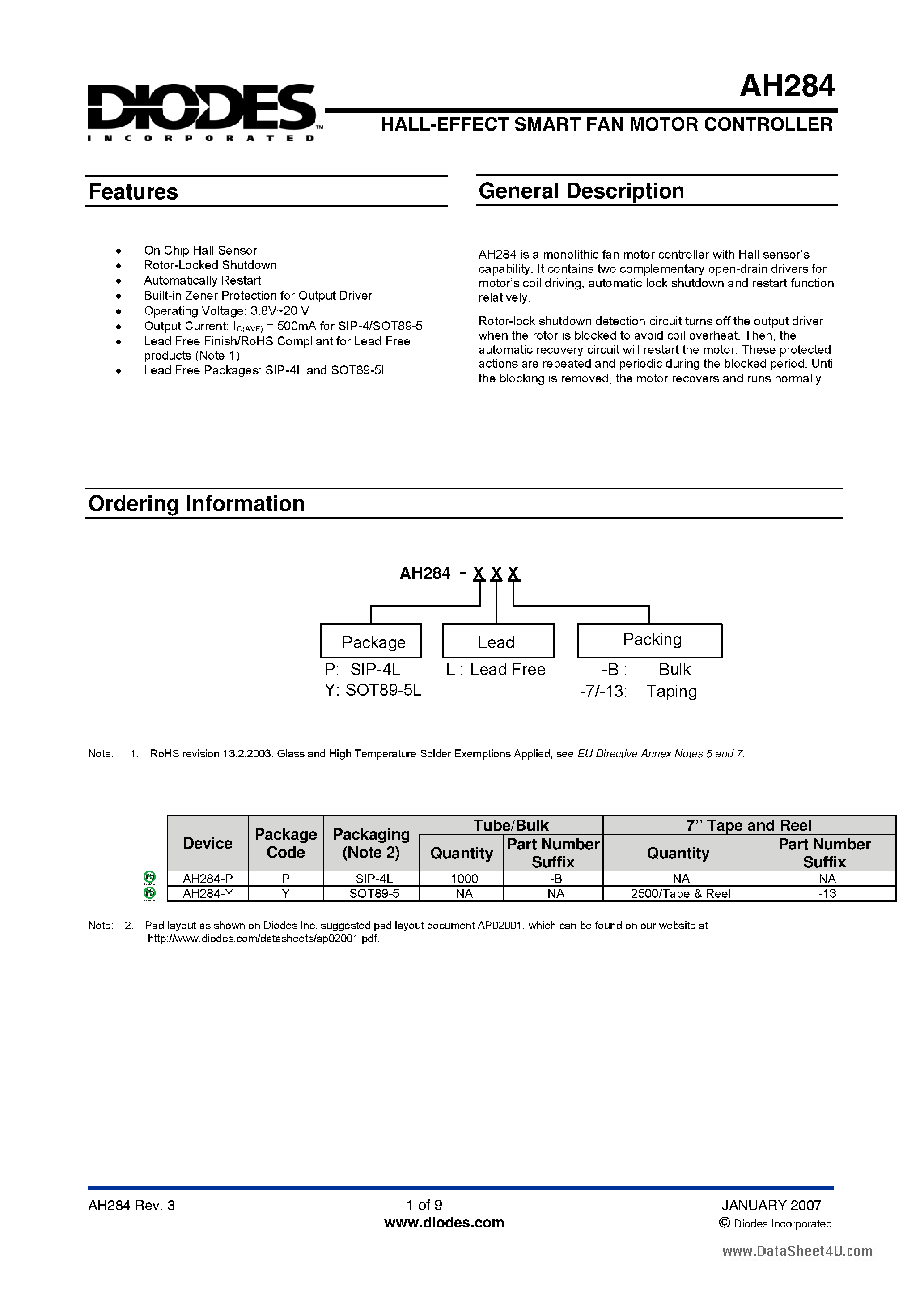 Datasheet AH284 - HALL-EFFECT SMART FAN MOTOR CONTROLLER page 1