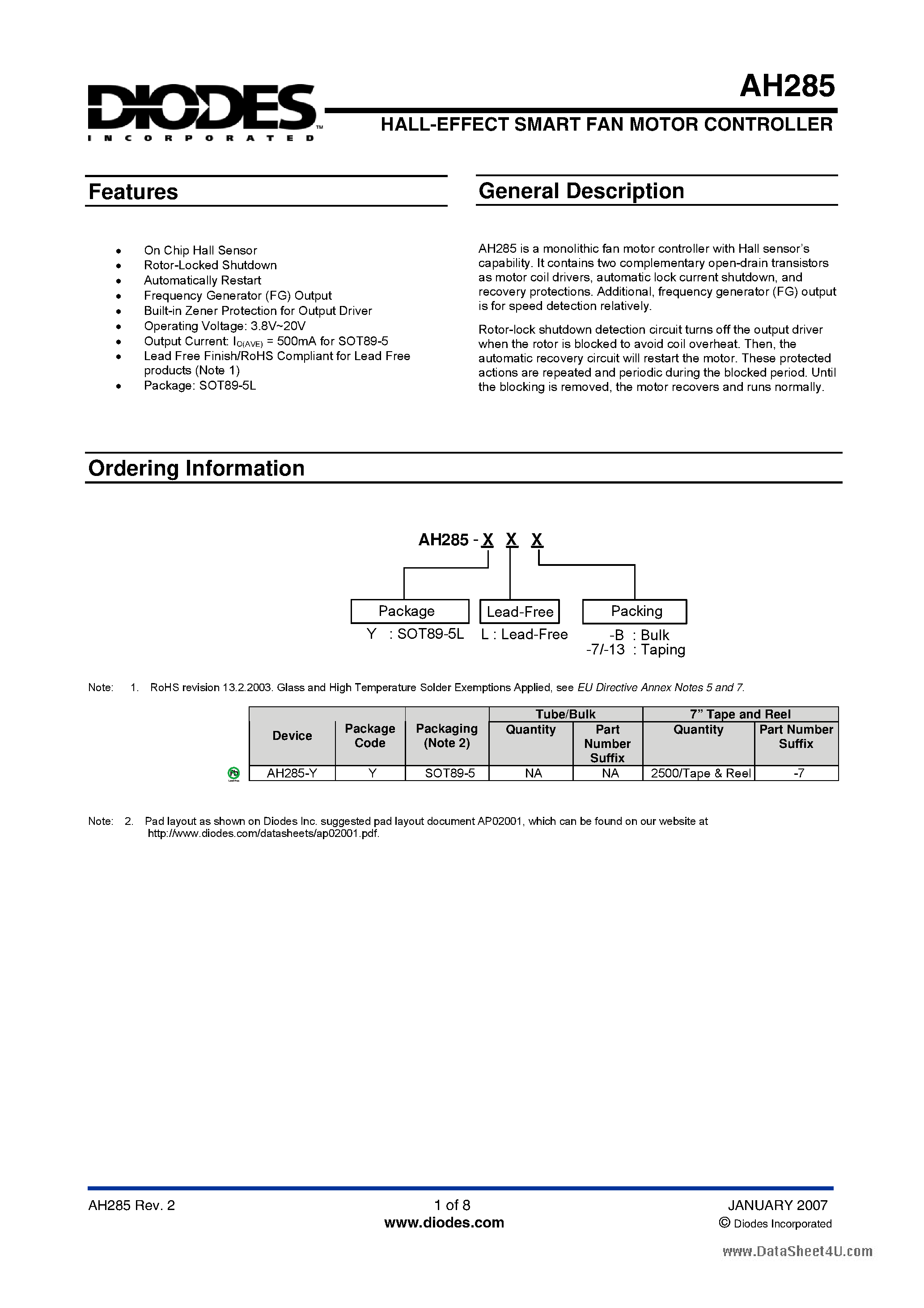 Datasheet AH285 - HALL-EFFECT SMART FAN MOTOR CONTROLLER page 1