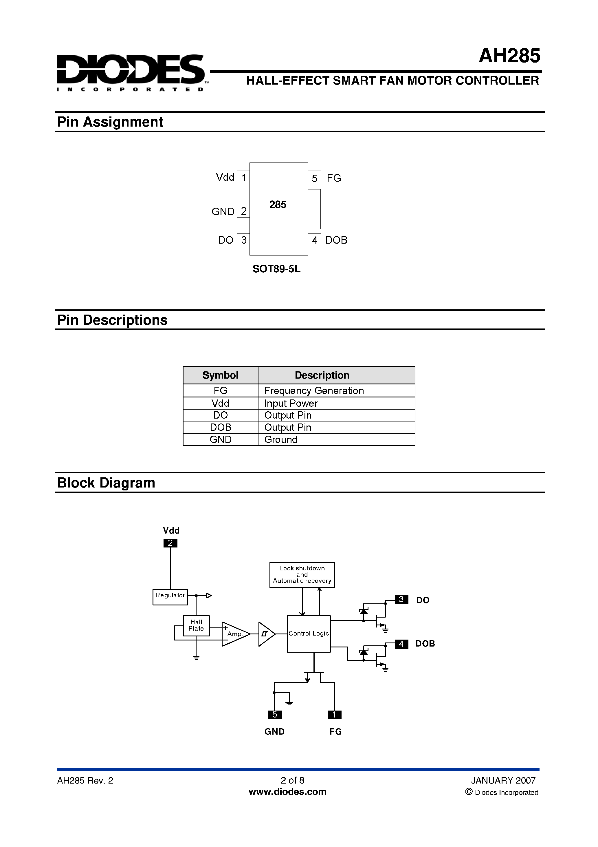 Datasheet AH285 - HALL-EFFECT SMART FAN MOTOR CONTROLLER page 2