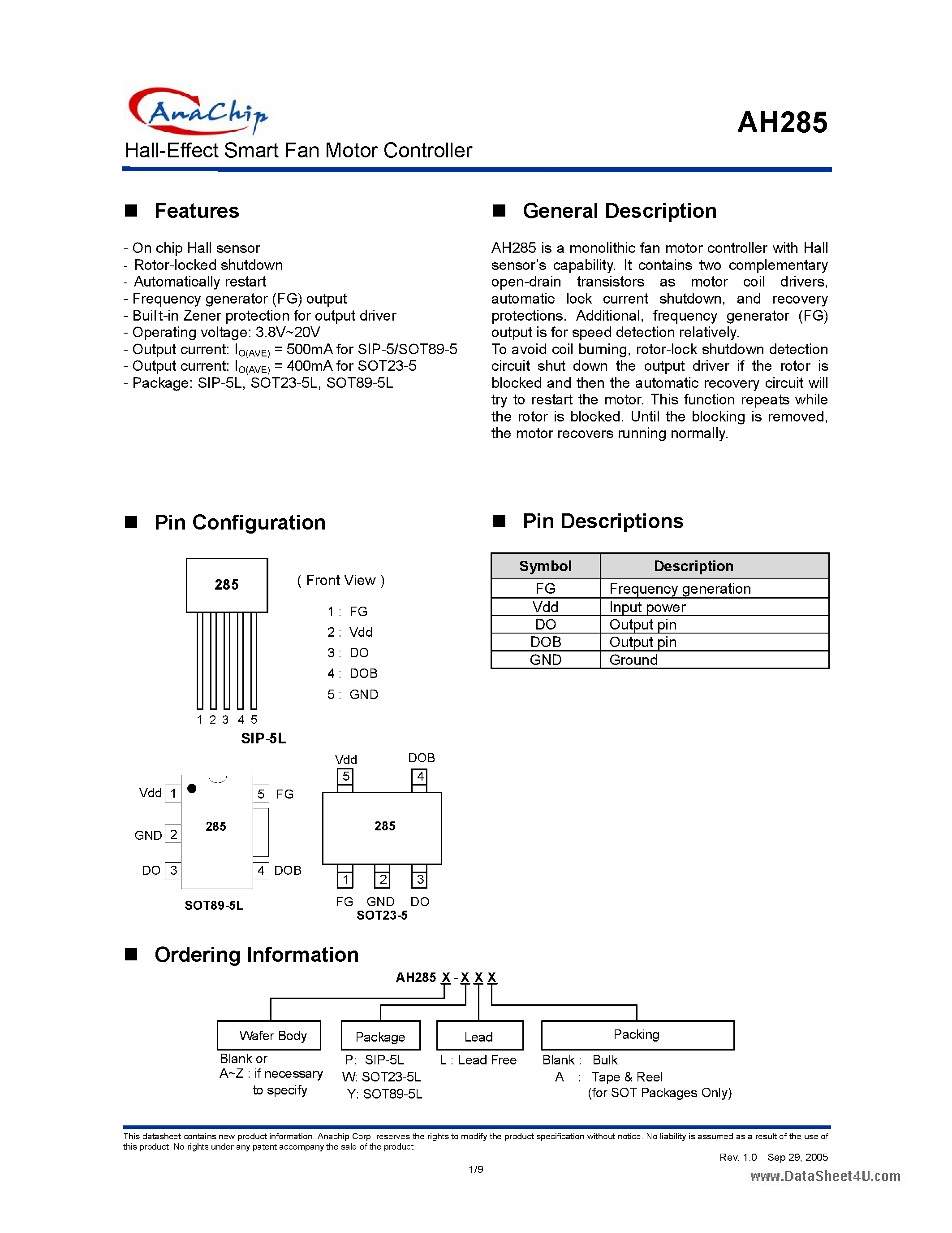 Datasheet AH285 - Hall-Effect Smart Fan Motor Controller page 1