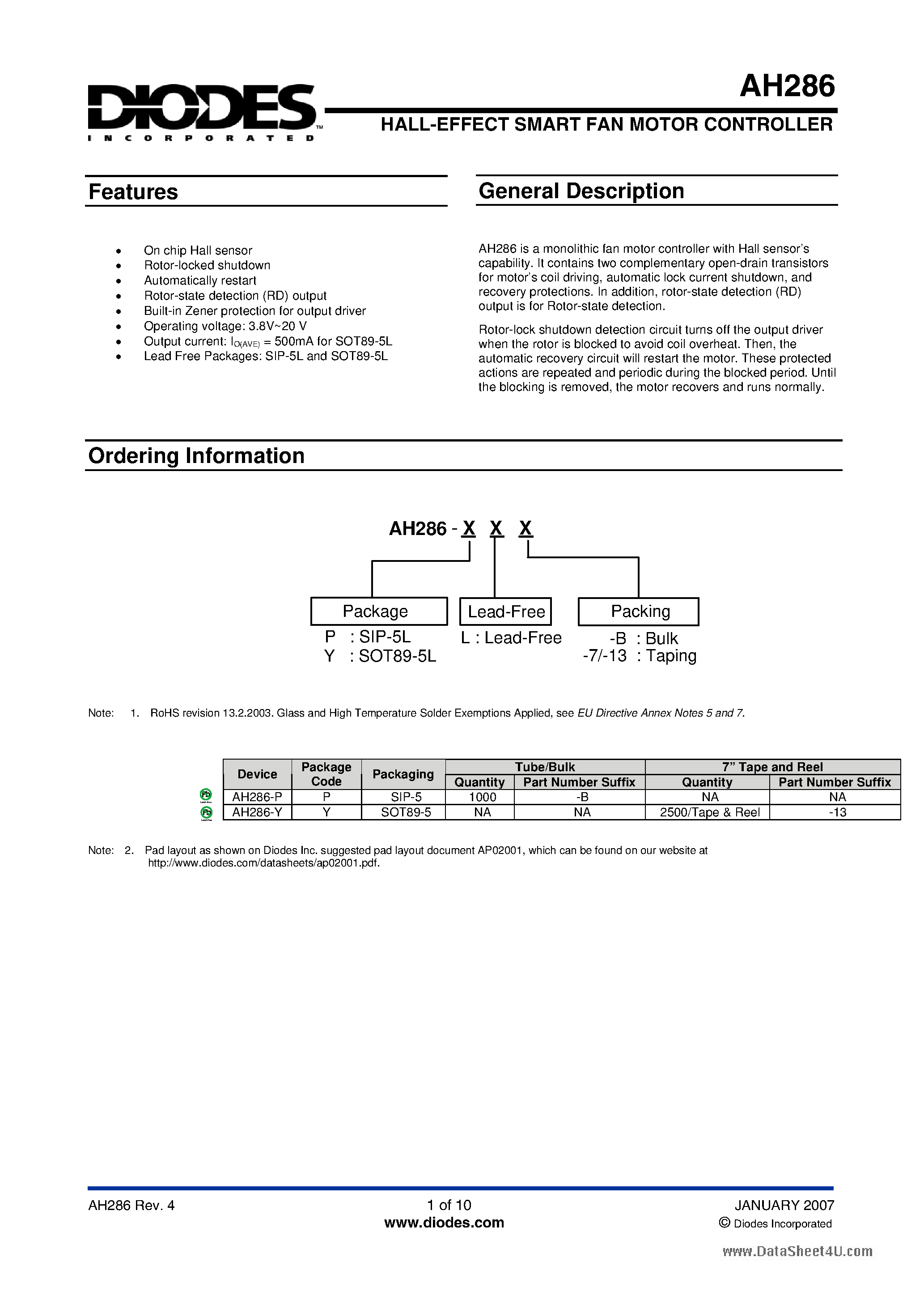 Datasheet AH286 - HALL-EFFECT SMART FAN MOTOR CONTROLLER page 1