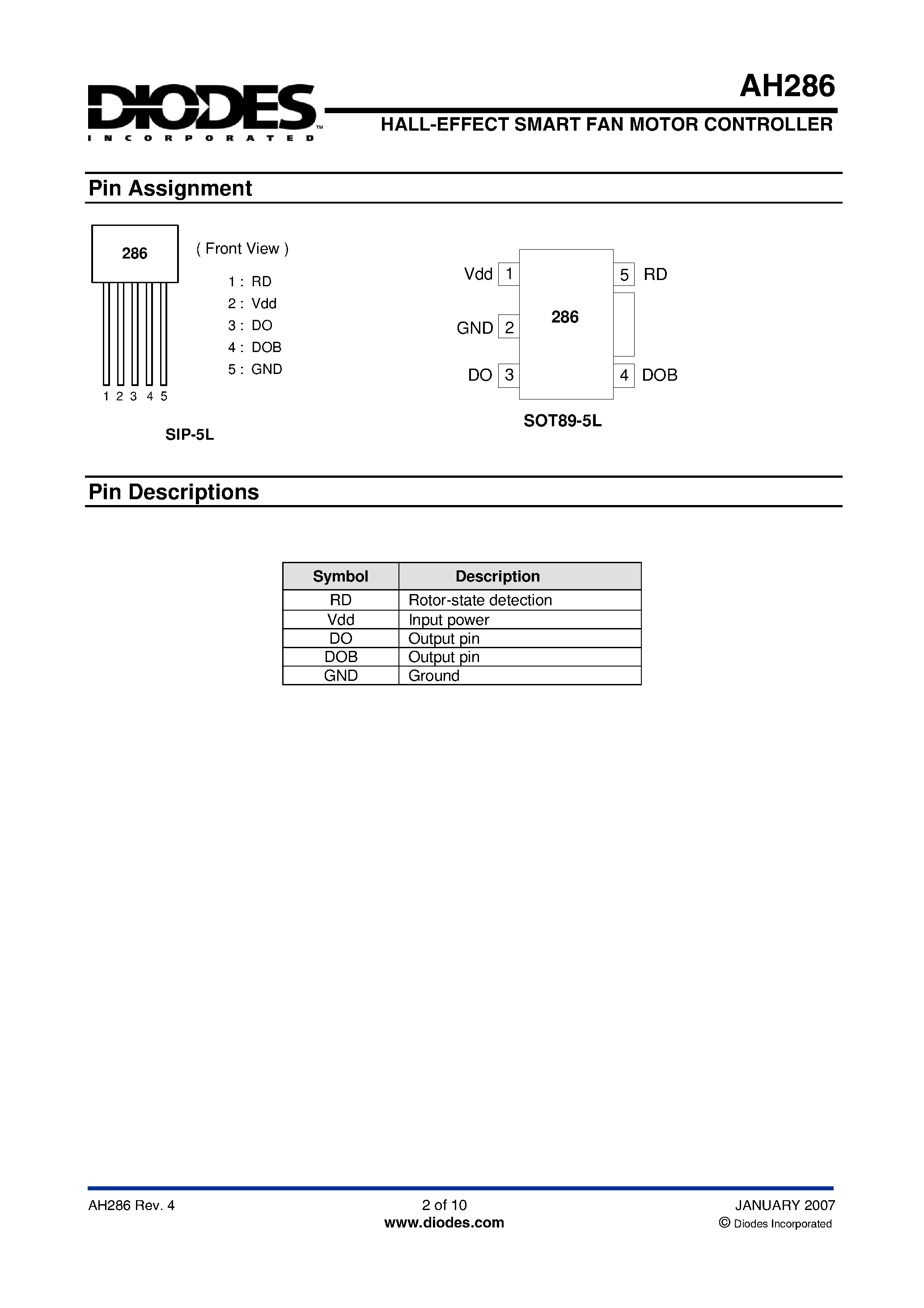 Datasheet AH286 - HALL-EFFECT SMART FAN MOTOR CONTROLLER page 2