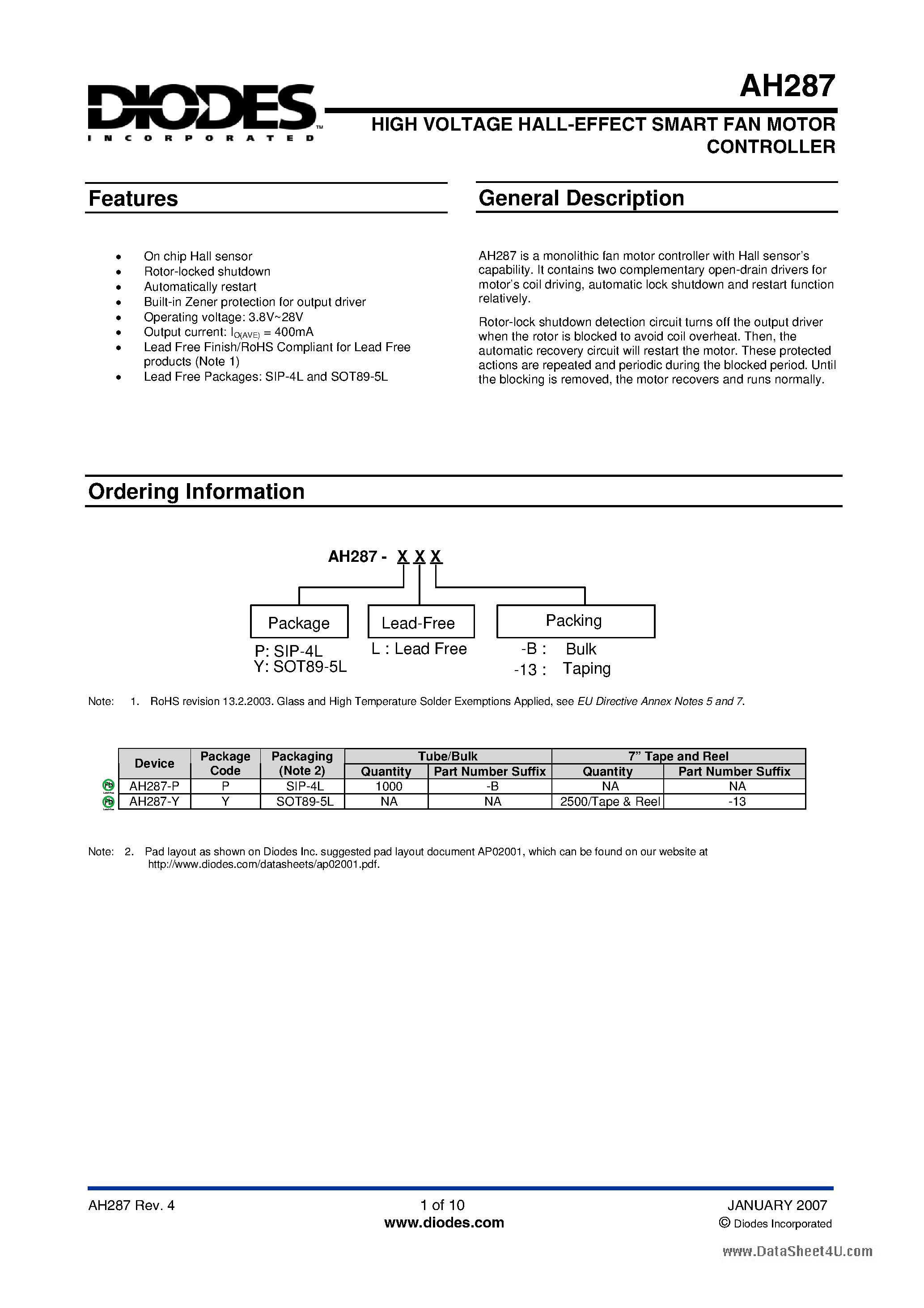 Datasheet AH287 - HIGH VOLTAGE HALL-EFFECT SMART FAN MOTOR CONTROLLER page 1