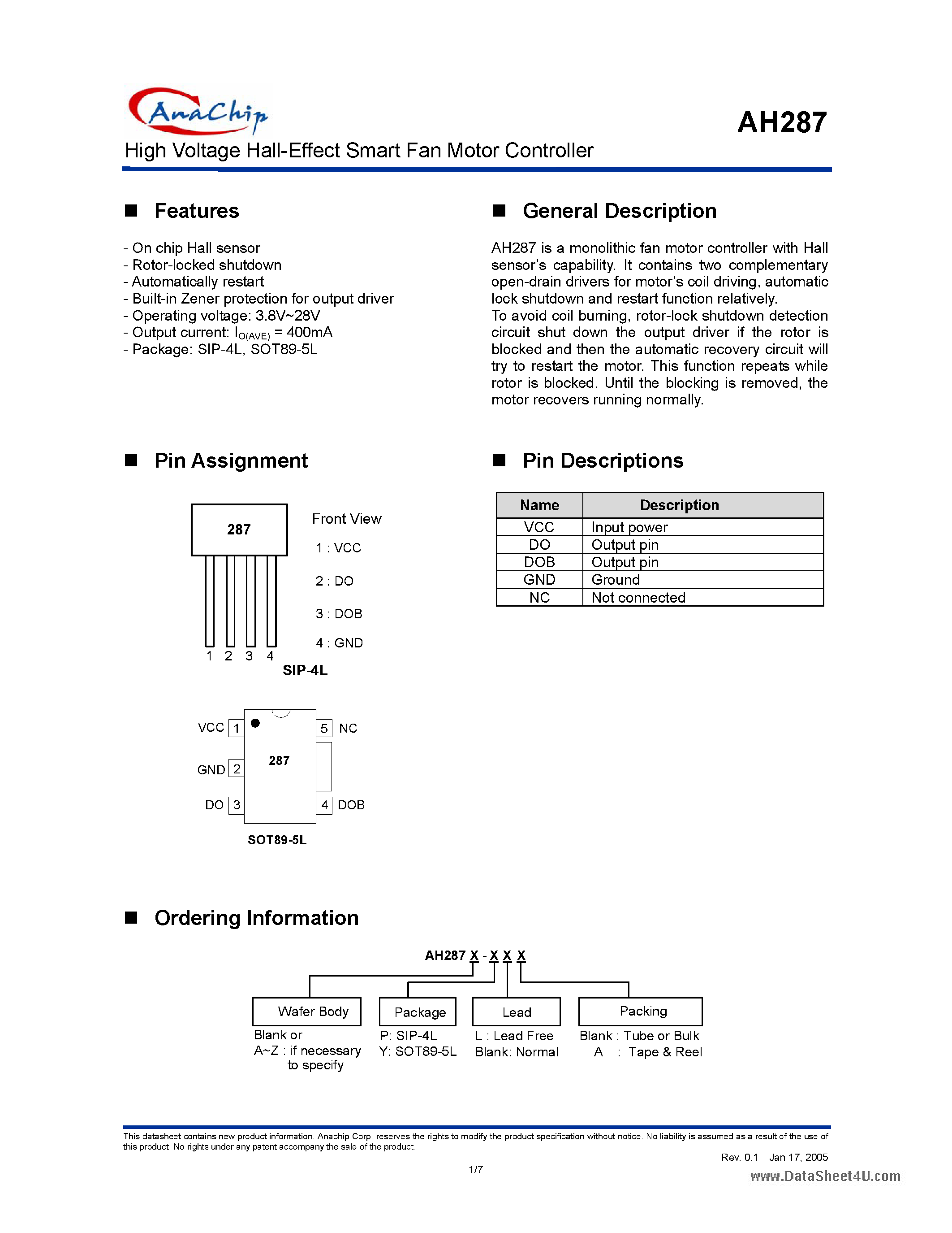 Datasheet AH287 - High Voltage Hall-Effect Smart Fan Motor Controller page 1