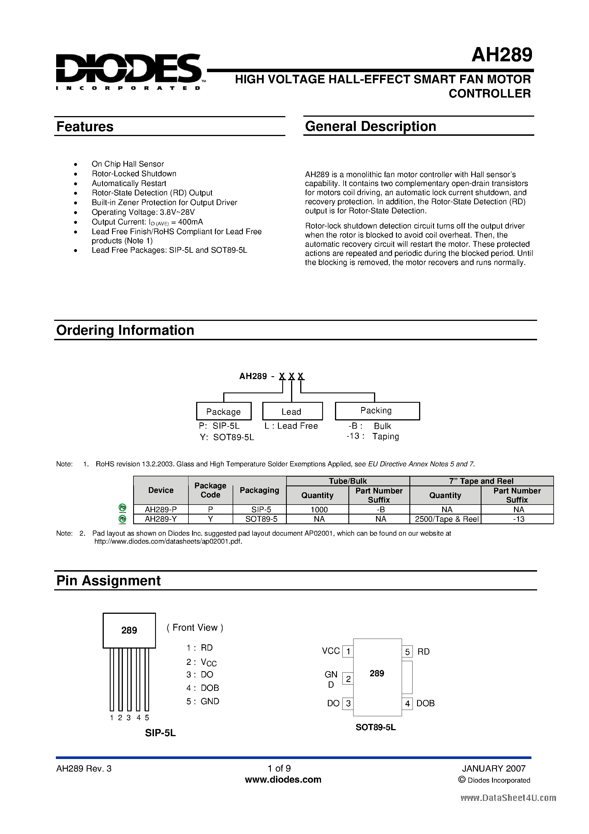 Datasheet AH289 - HIGH VOLTAGE HALL-EFFECT SMART FAN MOTOR CONTROLLER page 1