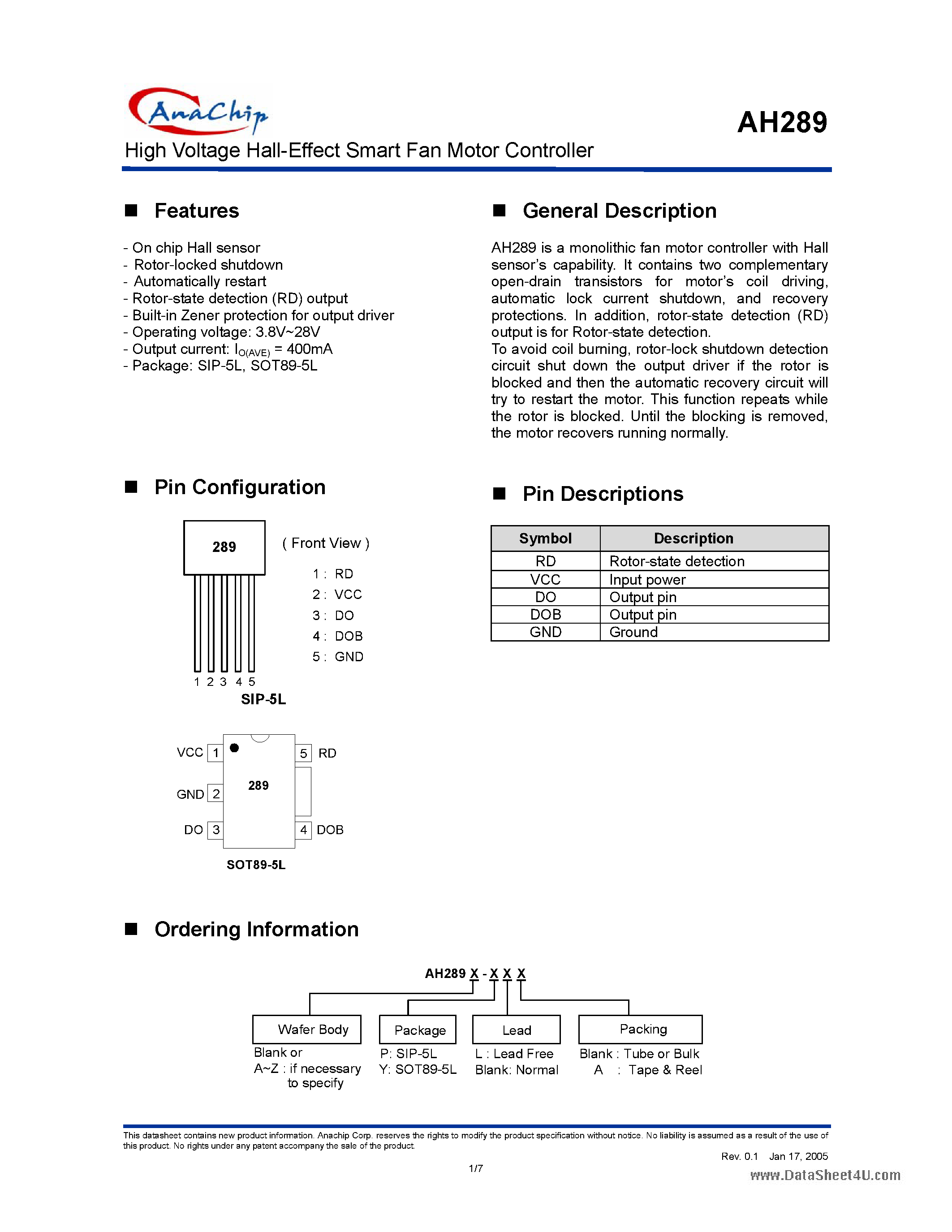 Datasheet AH289 - High Voltage Hall-Effect Smart Fan Motor Controller page 1